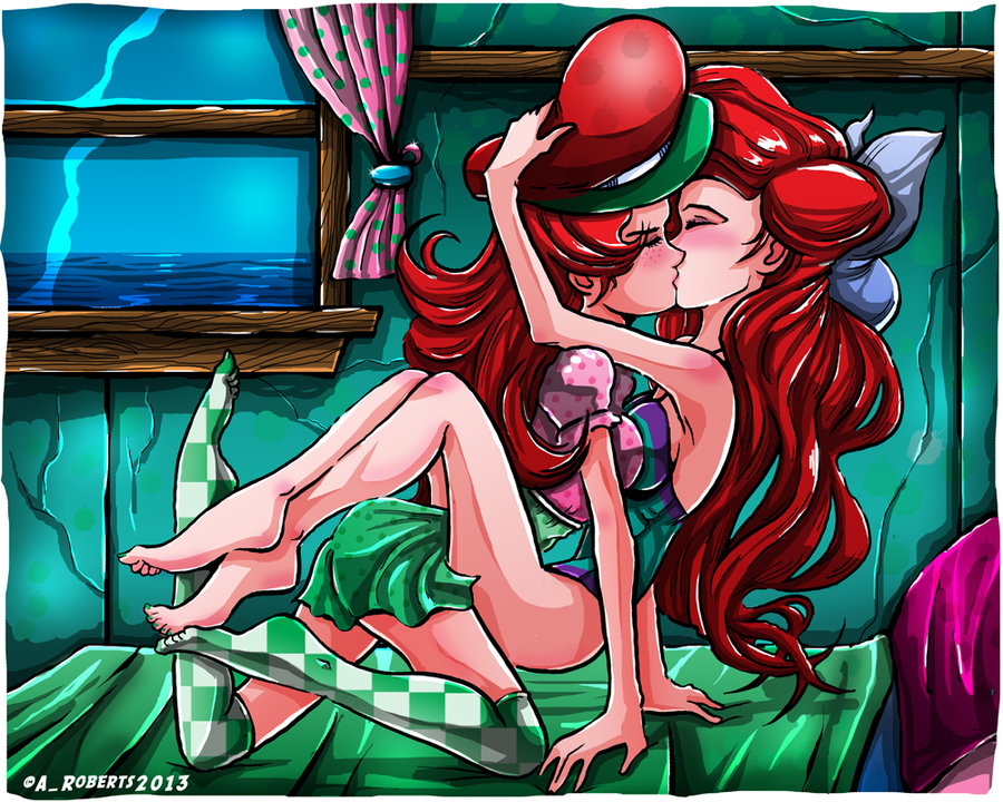 2013 2girls ariel aroberts bathing_suit bed berry_bitty_adventures blouse blush bow crossover disney feet female female_only hat human jpeg kissing long_hair multiple_girls on_bed red_hair skirt stockings strawberry_shortcake strawberry_shortcake_(character) strawberry_shortcake_(sbsc) swimsuit the_little_mermaid yuri