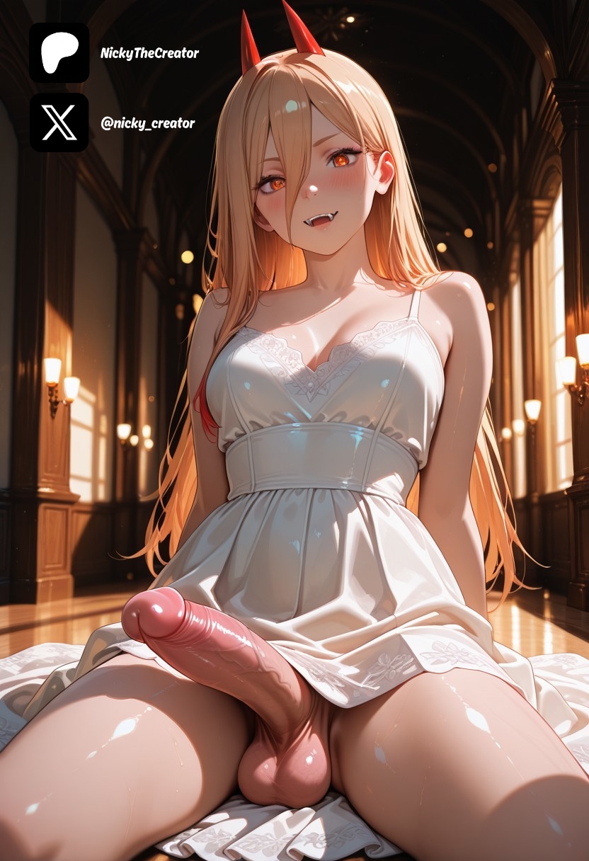 1futa, ai generated, arms behind back, balls, blonde hair, blush, breasts, chainsaw man, cock, colored, dick, erection, female, futa only, futa/female, futanari, horns, intersex, light skin, light-skinned futa, long hair, nickythecreator, penis, power (chainsaw man), red eyes, room, sexy, sexy body, sexy pose, shiny skin, sitting, testicles, uncensored, veiny penis, white dress