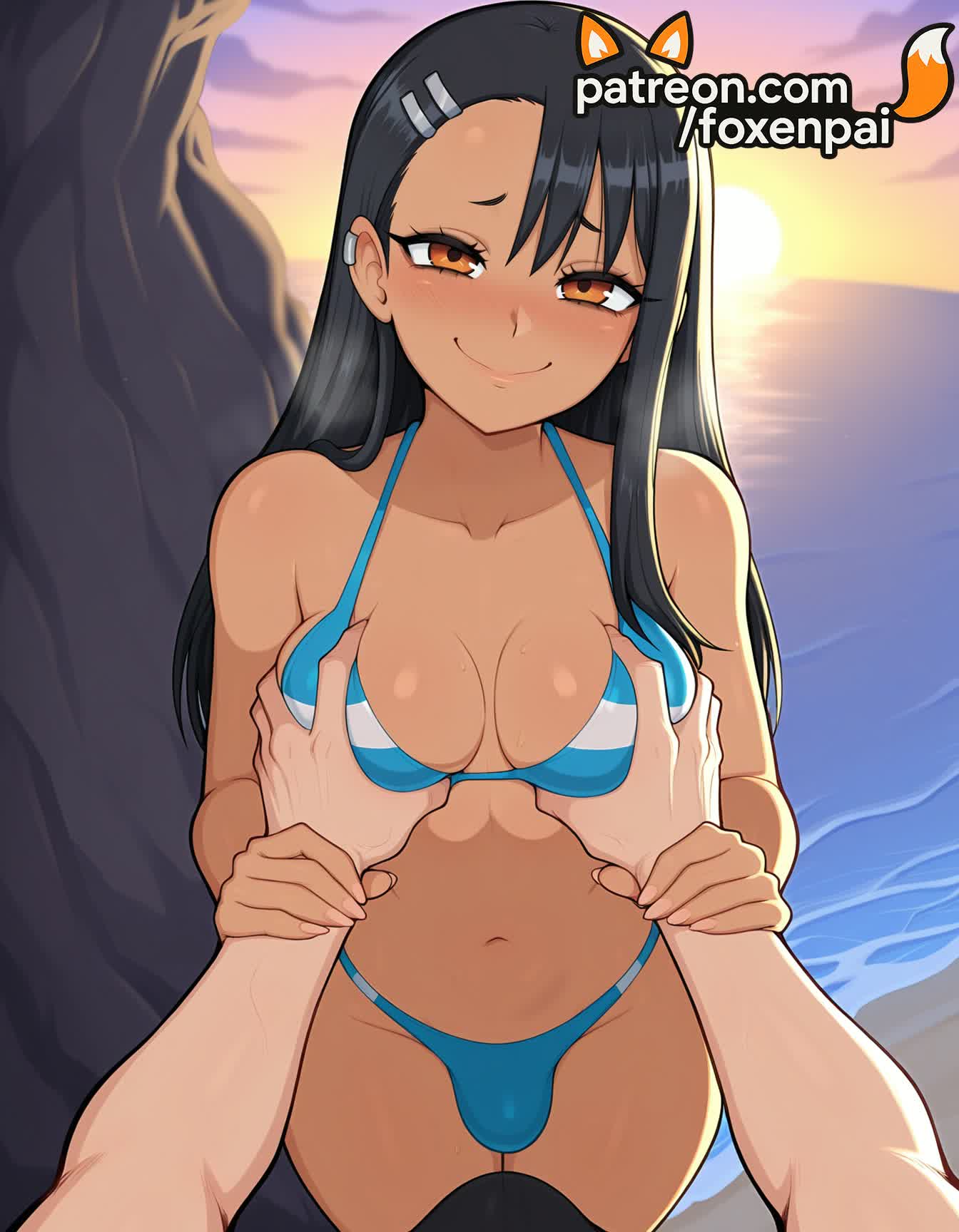 1futa, 2025, 2boys, ai generated, artist name, bikini, black hair, blue bikini, blush, breast grab, breasts, brown eyes, bulge, bust, chest, ear piercing, earclip, earrings, foxenpai, futanari, grabbing, groping, guided breast grab, hair ornament, hairclip, hayase nagatoro, hi res, high quality, high resolution, highres, intersex, jewelry, long hair, male, multiple boys, multiple males, navel, ocean, out of frame, outdoors, patreon, patreon username, please don't bully me, nagatoro, pov, pov hands, smile, solo focus, stable diffusion, swimsuit, thighhighs, watermark