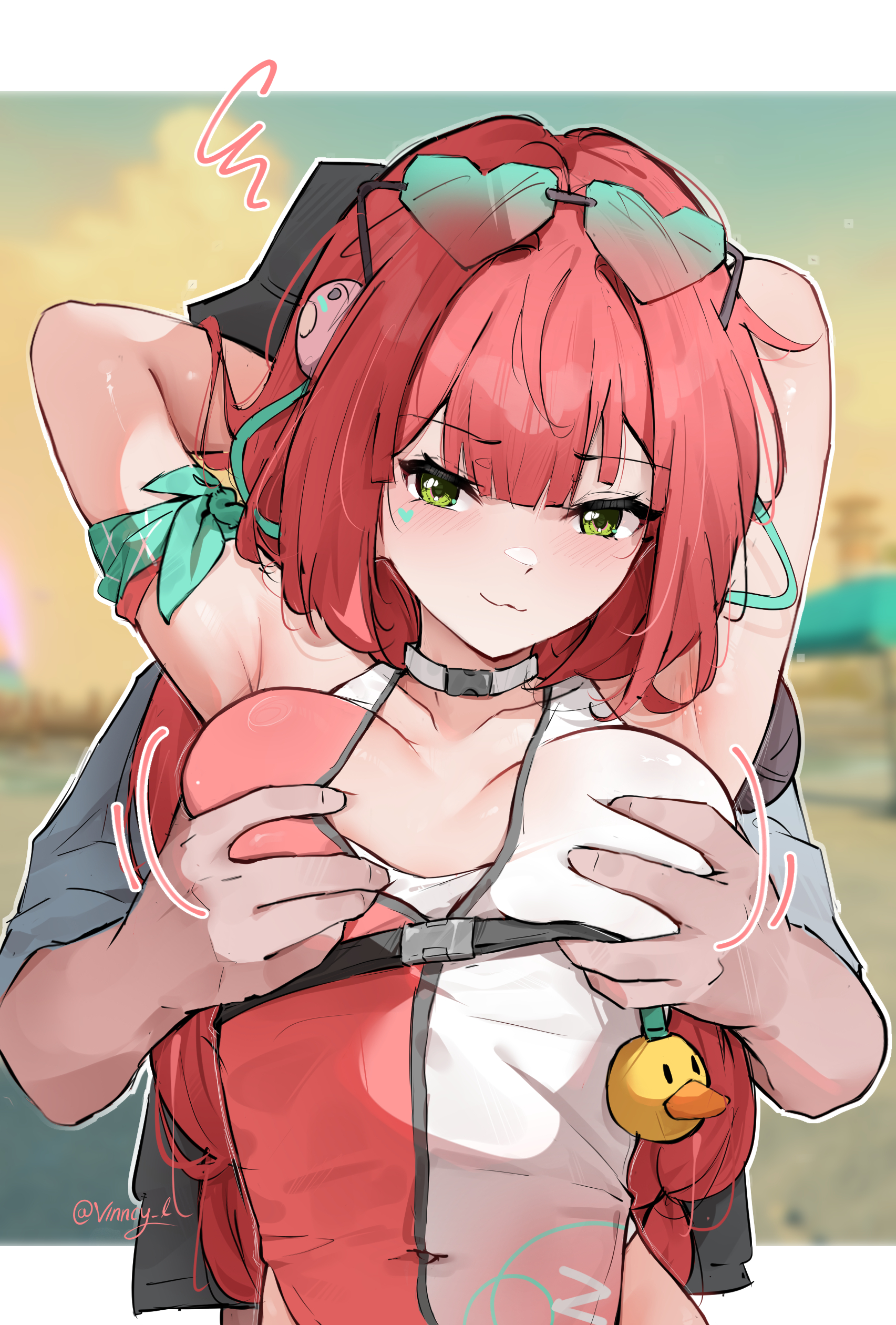 1boy, 1girls, blush, breast grab, breasts, bucket hat, female, fondling breast, from behind, grabbing breasts, grabbing from behind, green eyes, highres, holding, male, medium breasts, official alternate costume, red hair, smile, ukinami yuzuha, ukinami yuzuha (tanuki in broad daylight), vincent leo, wise (peaceful waves) (zenless zone zero), wise (zenless zone zero), zenless zone zero