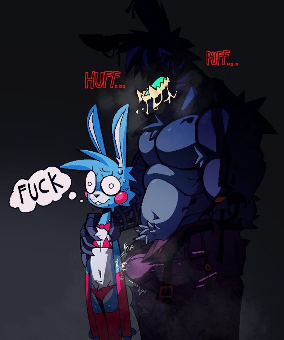 1boy, 2boys, animatronic, animatronic male, animatronics, armwear, bra, bunny boy, bunny ears, chest hair, cum through clothes, dark background, drooling, fat male, femboy, five nights at freddy's, huffing, imminent rape, imminent sex, larger male, male, male only, male/male, muscular, muscular male, nonconsensual, panties, precum, precum drip, puffing, rabbit, rabbit ears, robot, robot joints, shocked expression, smaller male, sweat, teeth showing, thighhighs, thought bubble, toy bonnie (fnaf), withered bonnie, xexeezy