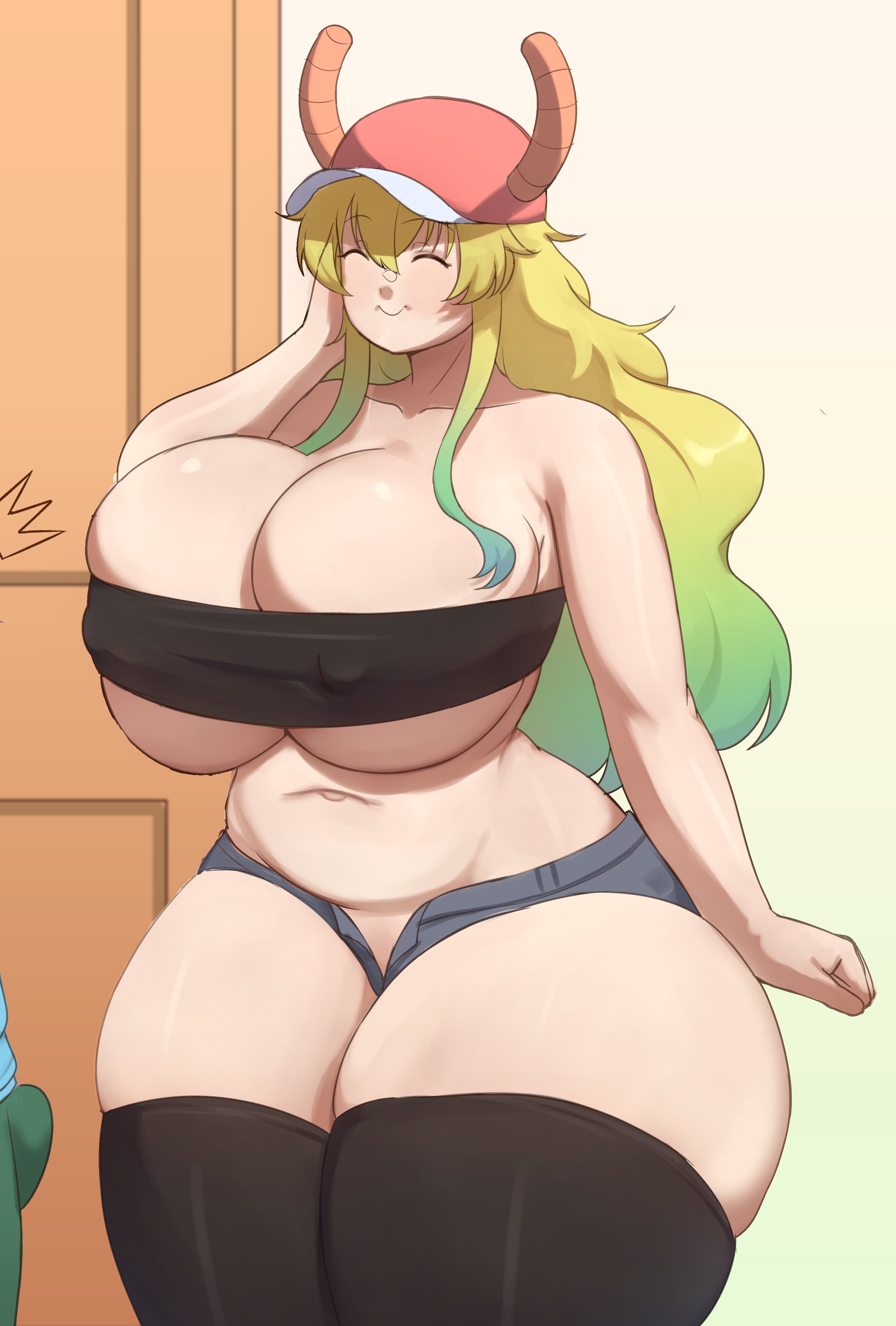 1boy, belly, belly button, big breasts, breasts, closed eyes, colored hair, giant breasts, hand on head, hat, horns, lucoa, lucoa (maidragon), male, miss kobayashi's dragon maid, penis, penis under clothes, short jeans, smiling, thick thighs, thighs, triagorodri (artist), twitter link