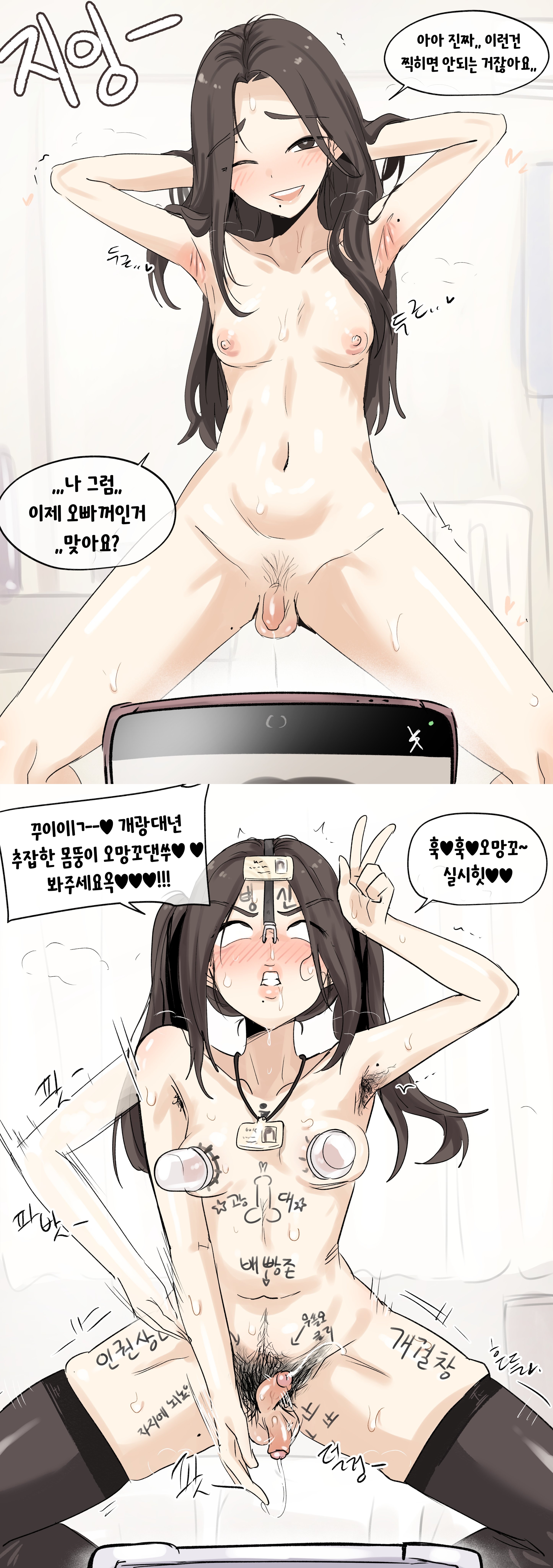 1futa, cum, dickgirl, ejaculation, filming, futa only, futanari, humiliation, intersex, long hair, nose hook, ponytails, recording, recording on phone, small penis, translation request, youhwa100