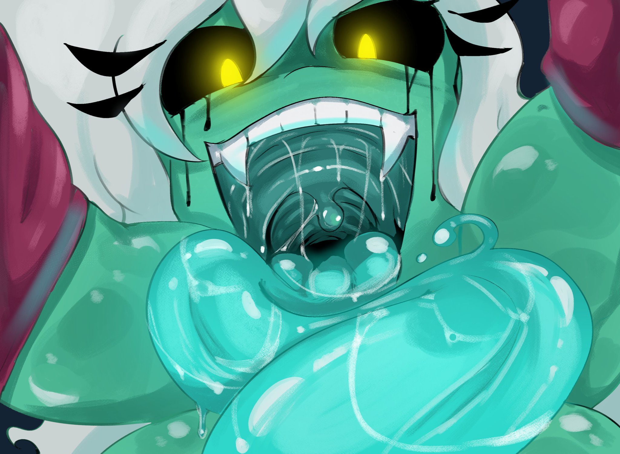 fairyfud, ghost, green body, imminent vore, long tongue, pov, prey pov, rose (fairyfud), vore, yellow eyes