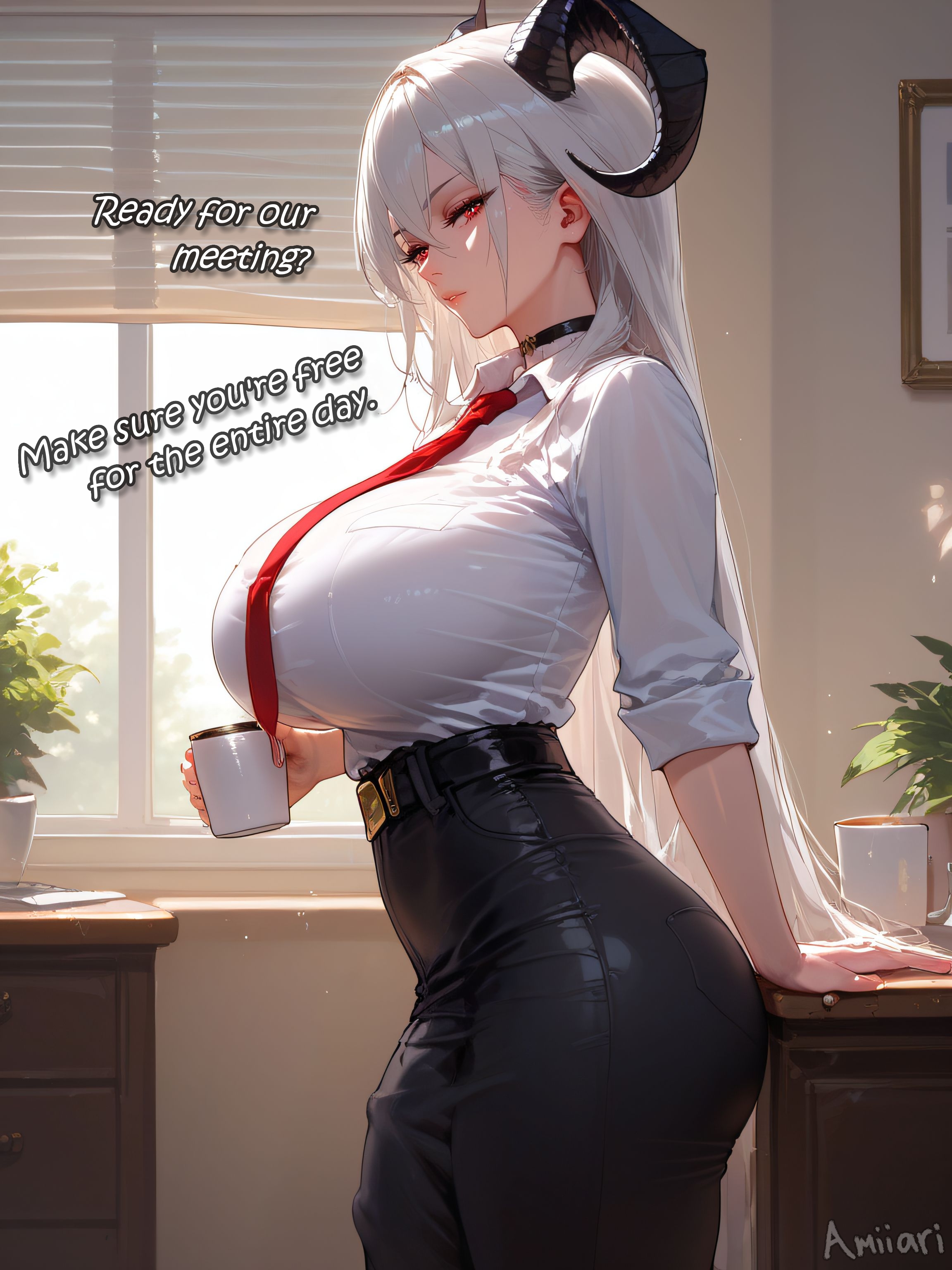 1futa, absurd res, ai generated, amiiari, ass bigger than head, belt, big breasts, big penis, black horn, black pants, breasts, bulge, bulge down leg, bulge through clothing, choker, detailed, dickgirl, erection, erection under clothes, futanari, highres, holding coffee mug, holding drink, huge breasts, intersex, inviting, large penis, leaning, long penis, massive penis, necktie, office, office lady, penis, penis to the knees, penis under clothes, red eyes, red necktie, skindentation, text, thick thighs, tight pants, tight shirt, voluptuous, white hair, wide hips, wuthering waves, zani (wuthering waves)