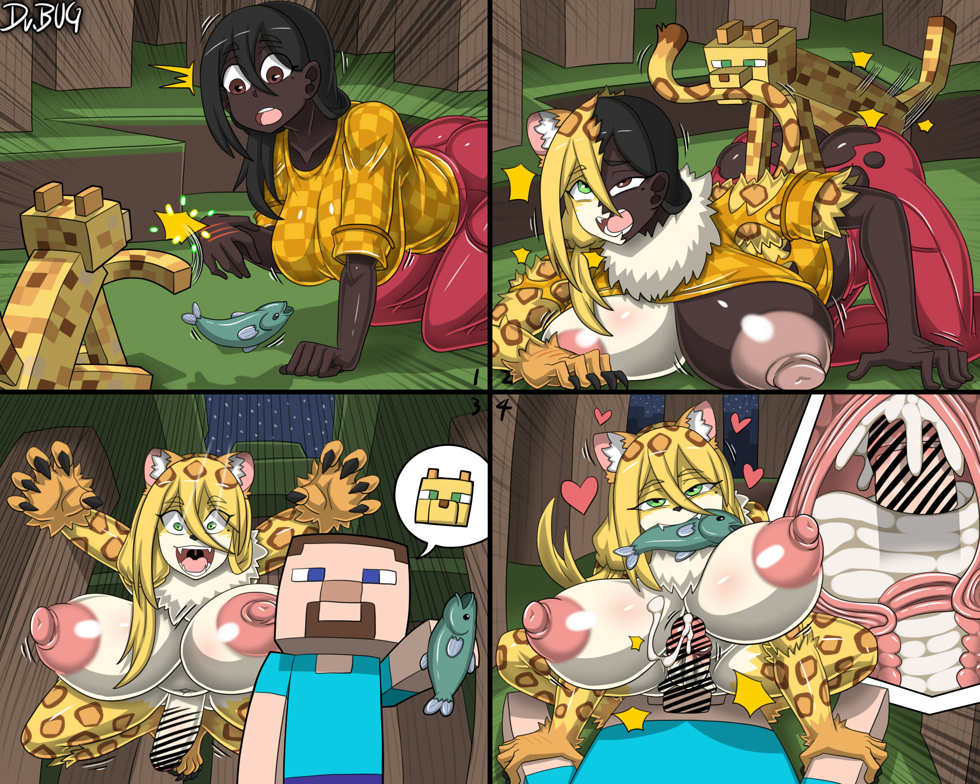 1boy, 1futa, 2d, 2d (artwork), assimilation, boobjob, boobs, breasts, cervical penetration, cervix, comic strip, cum, cum in pussy, cum inside, dr.bug, futanari, intersex, makena (minecraft), male, male on futa, minecraft, night, pounce, pussy, transformation, x-ray, zoophilia