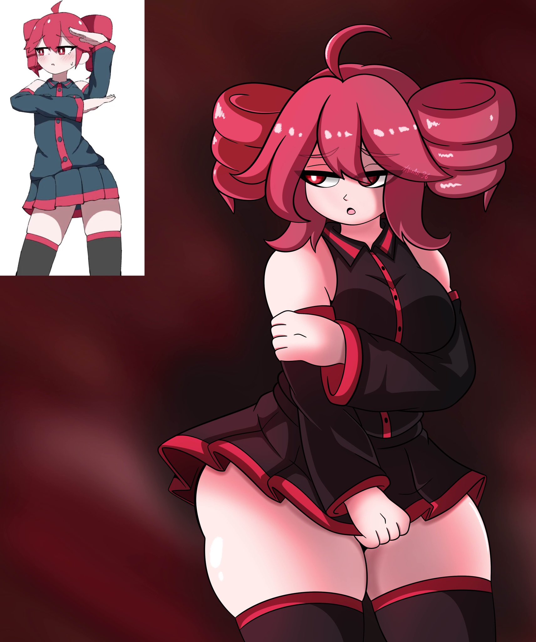 1girls, 2d, 2d (artwork), ahoge, ass, ass visible from the front, big ass, big breasts, big thighs, breasts, clothed, clothed female, clothing, curvaceous, curvy, curvy female, curvy figure, detached sleeves, eyelashes, fat thighs, female, female only, fully clothed, hips wider than shoulders, hourglass figure, huge ass, huge breasts, huge thighs, ineffective skirt, kasane teto, large ass, large breasts, large thighs, looking to the side, massive thighs, microskirt, miniskirt, open mouth, plump, plump ass, plump thighs, pulling skirt, red background, red eyes, red hair, reference, reference image, reference inset, sfw, shiny skin, shy, shy expression, shy female, simple background, skindentation, skirt, skirt pull, skirt pulled down, solo, solo female, thick thighs, thighhighs, thighs, thighs bigger than head, thighs bigger than torso, twin drills, utau, vibinart 36, voluptuous, voluptuous female, wide hips
