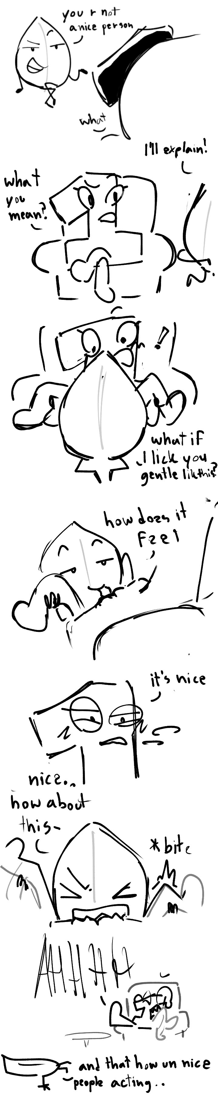 1girls, 2d, 2girls, algebralien, battle for dream island, bfdi, bfdia, biting pussy, black and white, colorless, comic, dialogue, english, english text, female, female only, female/female, inanimate object, ineedpara, interspecies, interspecies yuri, leafy (bfdi), lesbian, no color, object show, object show community, object shows, one (bfdi), open eyes, pov, pussy, scene interpretation, scene reference, simple background, text, the power of two, tpot, vagina, white background, yuri