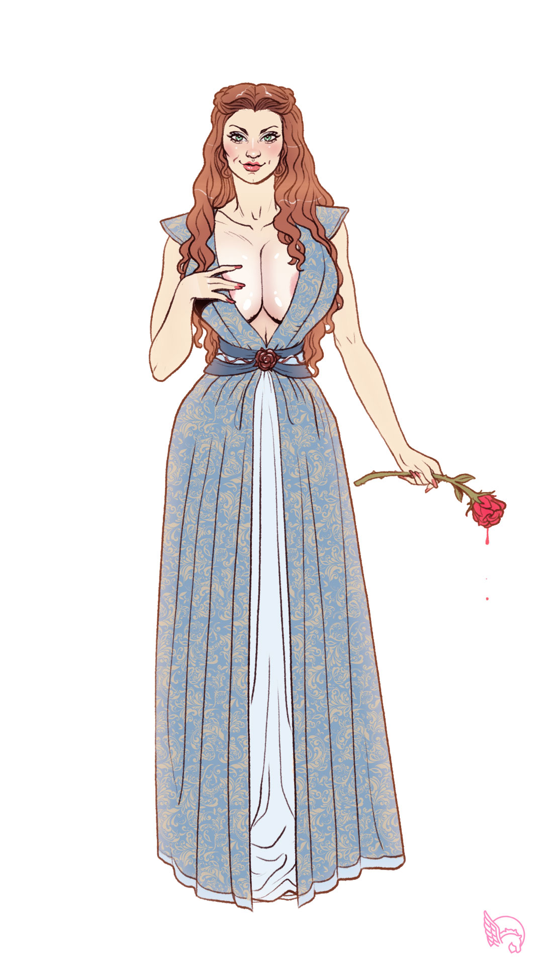 1girls, a song of ice and fire, areola slip, big breasts, bimbo, bimboctober, bimbofied, breasts, breasts bigger than head, brown hair, cleavage, female, female focus, female only, flower, game of thrones, green eyes, holding object, light skin, light-skinned female, lipstick, looking at viewer, margaery tyrell, modified costume, natalie dormer, pegasus (artist), pinup, queen, royalty, smirk, smirking, smirking at viewer, solo, solo female, solo focus