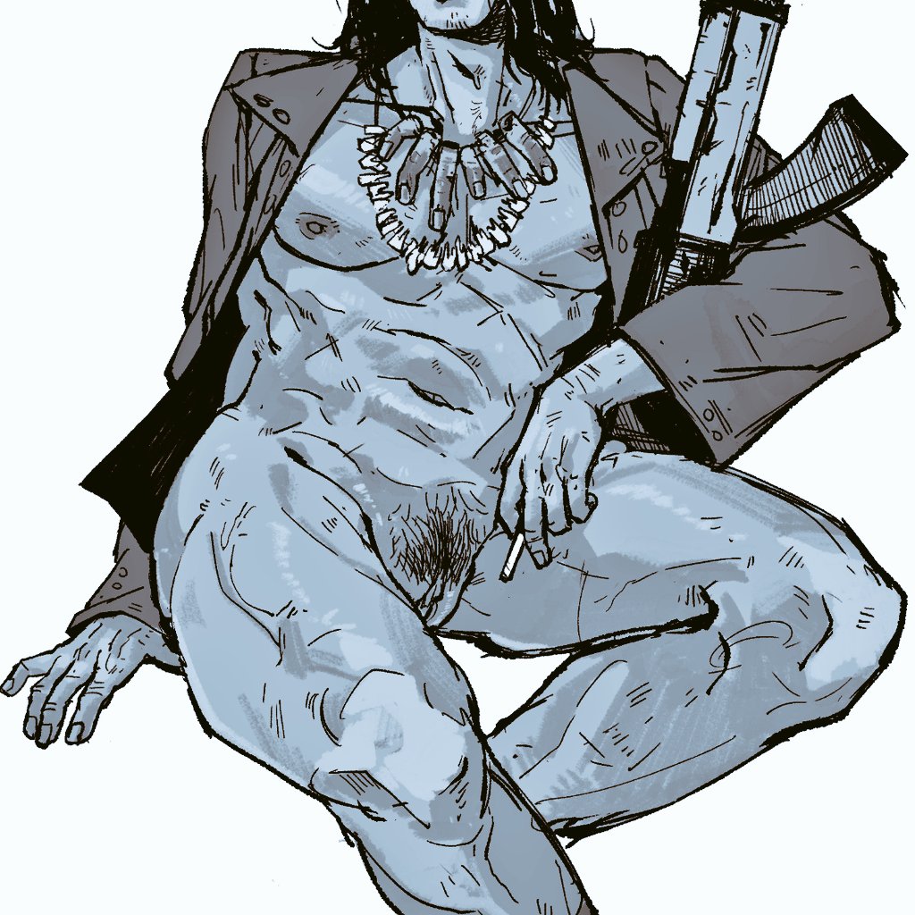 abs, badzhengl4n, bottomless, breasts, cigarette, cuntboy, cuntboy only, face out of frame, gun, intersex, jacket, long hair, long-haired cuntboy, mature, mature cuntboy, monochrome, mostly nude, mti crossgender, muscular, muscular cuntboy, muscular thighs, no, i'm not a human, open jacket, pubic hair, pussy, sitting, smoking, solo, uncensored, vigilante (no, i'm not a human)