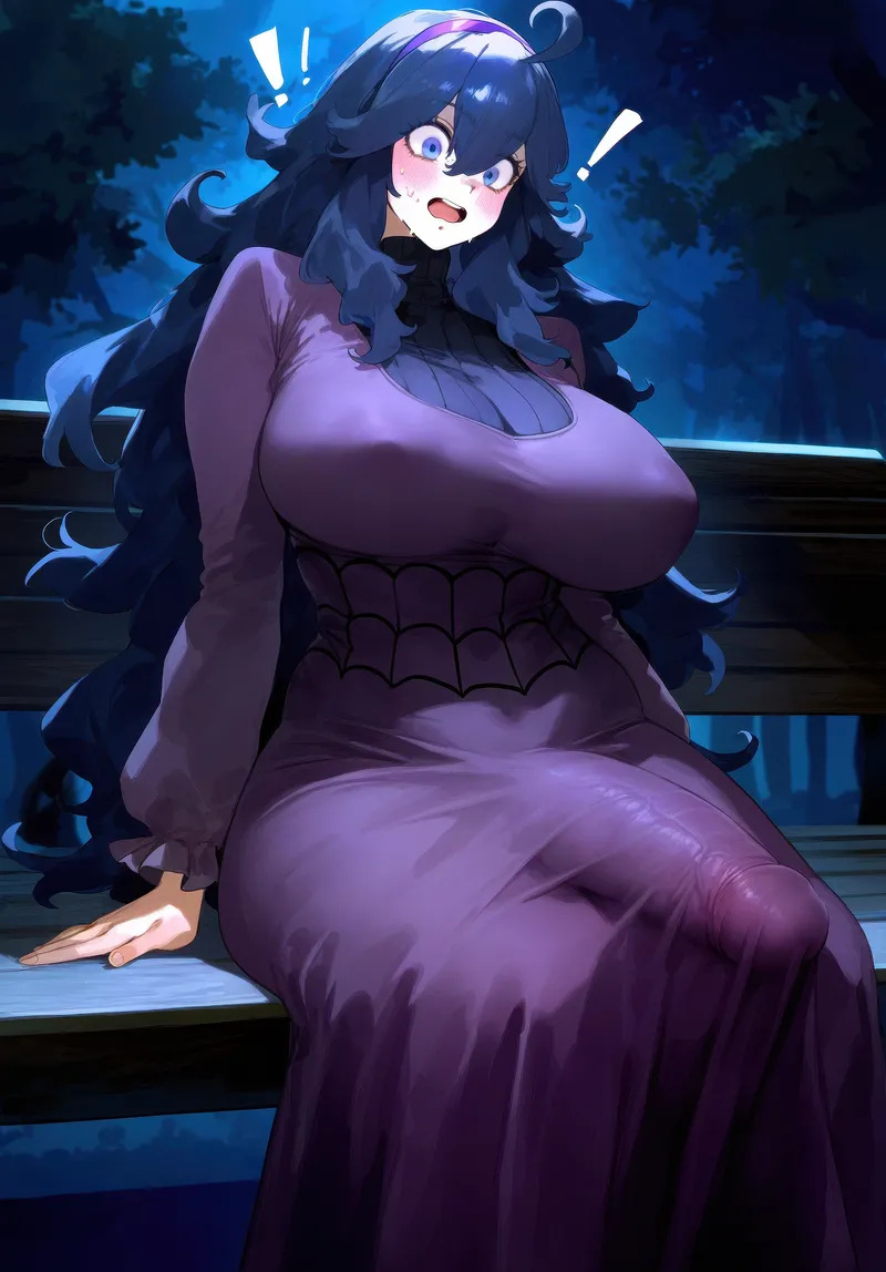 ai generated, bare thighs, big penis, blush, breasts, bulge, bulge through clothing, female, futa only, futanari, game freak, gigantic breasts, gomzai, hairband, hex maniac, huge breasts, huge cock, huge thighs, intersex, light-skinned female, long dress, long hair, massive breasts, nintendo, open mouth, penis, pokemon, pokemon xy, purple eyes, purple hair, thick body, thick female, thick thighs, thighs, very long hair, voluptuous, voluptuous futa