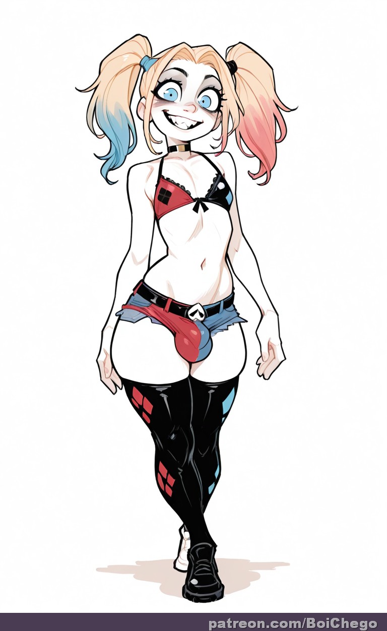 1boy, ai art, ai assisted, ai generated, argyle clothes, argyle legwear, bare shoulders, belt, bikini, bikini top only, black choker, black thighhighs, blonde hair, blue eyes, blue eyeshadow, blue hair, boichego, bulge, choker, crossdressing, cutoffs, denim shorts, eyeshadow, femboy, full body, genderswap (ftm), gradient hair, grin, harley quinn, looking at viewer, makeup, male focus, micro shorts, multicolored hair, navel, otoko no ko, pink hair, short shorts, shorts, simple background, smile, solo, swimsuit, teeth, thighhighs, twintails, white background