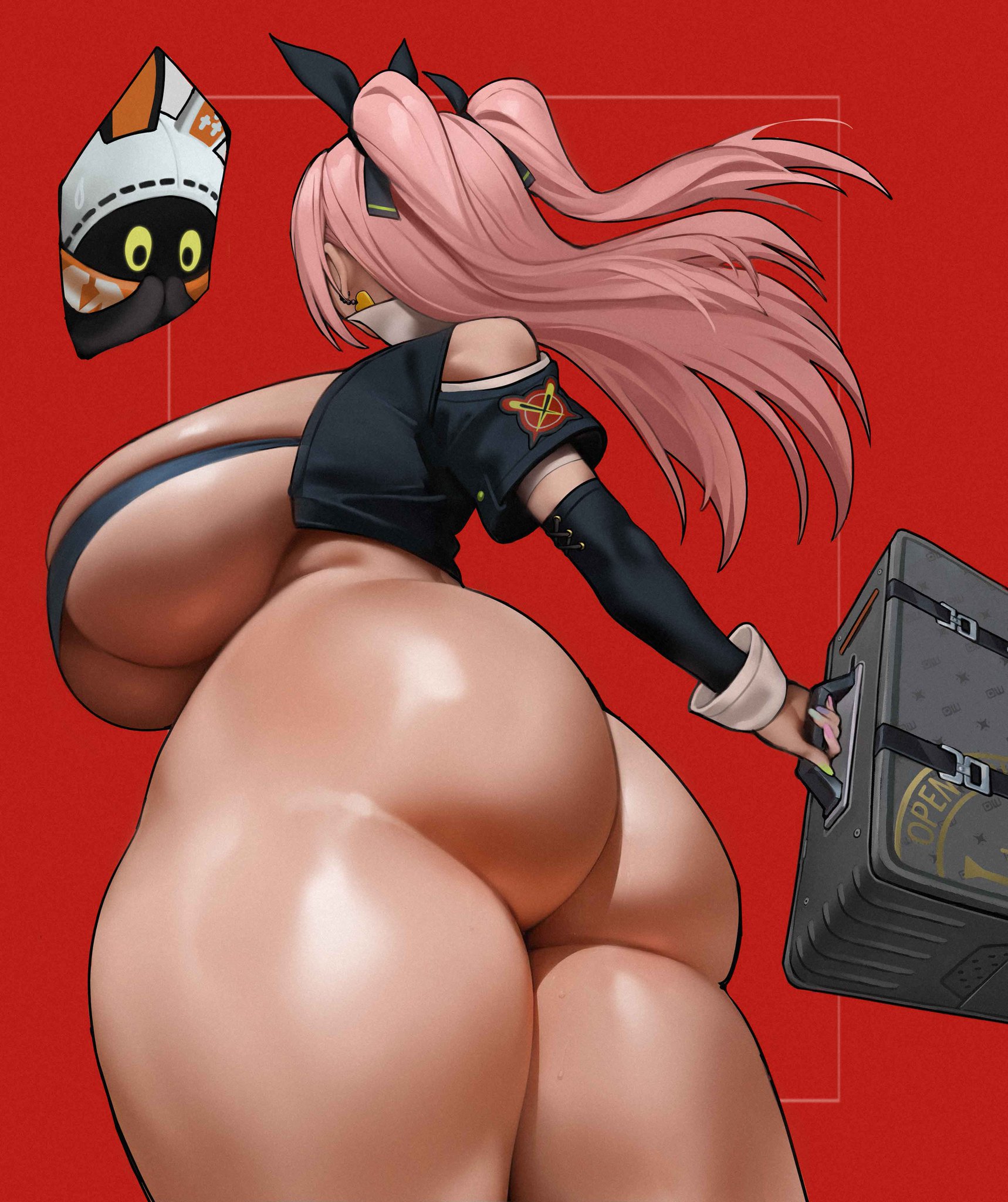 1girls, armwear, ass, ass bigger than body, ass bigger than head, ass bigger than torso, ass focus, back, back view, backboob, bangboo (zenless zone zero), big ass, big breasts, big butt, big thighs, bottomless, bottomless female, breasts, breasts bigger than head, breasts bigger than torso, butt bigger than body, butt bigger than head, butt bigger than torso, case, cunning hares, earrings, female, from behind, hoyoverse, huge ass, huge breasts, large ass, large breasts, large butt, large thighs, long hair, nicole demara, painted nails, pink hair, red background, simple background, skindentation, solo, solo female, solo focus, spiralnoww, thick, thick ass, thick butt, thick thighs, thighs, topwear, topwear only, underboob, zenless zone zero