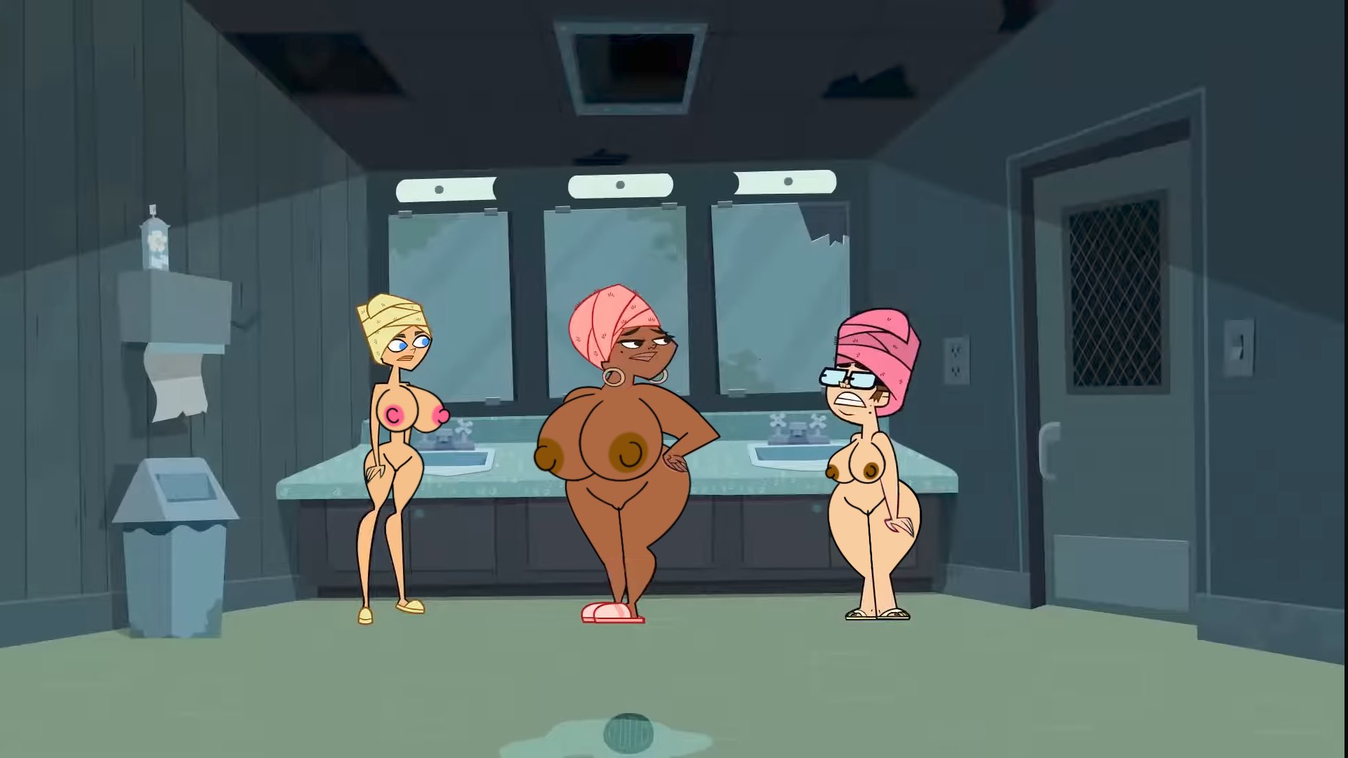 2d, 3girls, beth (tdi), breasts, casual, chubby, dark skin, edit, female, female focus, female only, group, huge breasts, human, large breasts, leshawna (tdi), lindsay (tdi), massive breasts, nonsexual, nonsexual nudity, pale skin, simply azure, total drama island