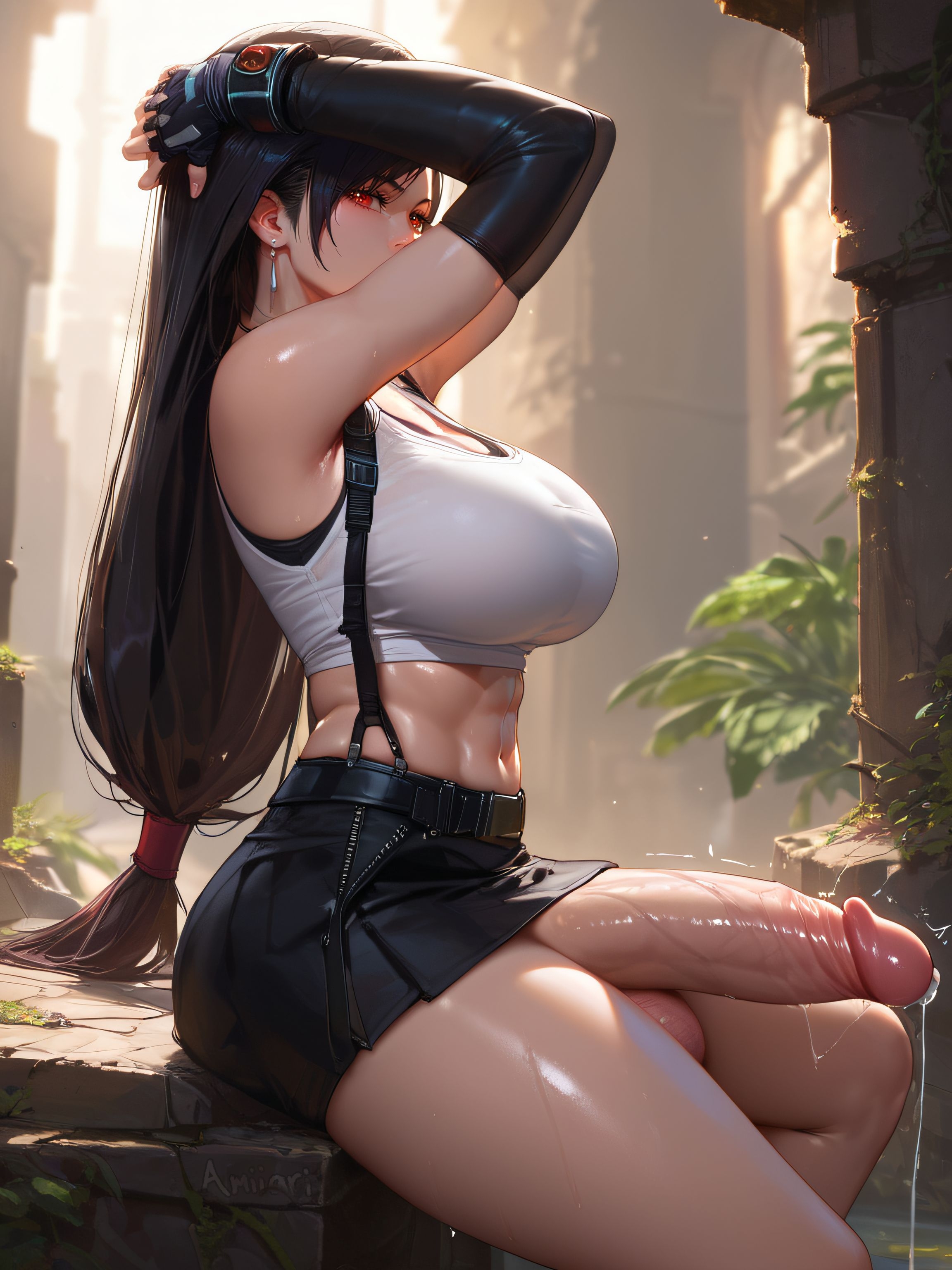 1futa, abs, absurd res, ai generated, amiiari, armpits, arms up, ass bigger than head, big breasts, big penis, breasts, detailed, dickgirl, dripping, erection, final fantasy, fixing hair, from side, futanari, highres, huge breasts, intersex, large penis, long penis, massive penis, pencil skirt, penis, penis to the knees, precum, precum drip, precum string, skindentation, skirt, suspenders, tanktop, thick thighs, tifa lockhart, voluptuous, wide hips