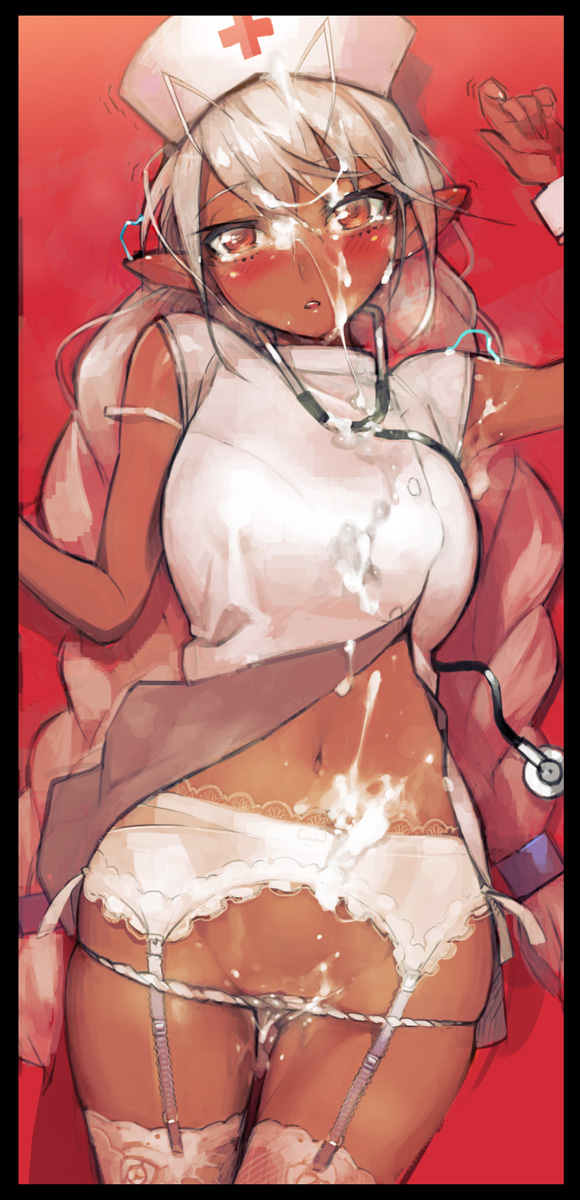 alternate_hairstyle antenna_hair blush braid bukkake cum cum_on_body dark-skinned_female dark_skin female garter_straps hat highres long_hair namaniku_atk nurse nurse_cap orange_eyes panties pointy_ears sansei_muramasa silver_hair solo soukou_akki_muramasa stethoscope strap_slip thighhighs twin_braids underwear very_long_hair white_legwear white_panties wrist_cuffs