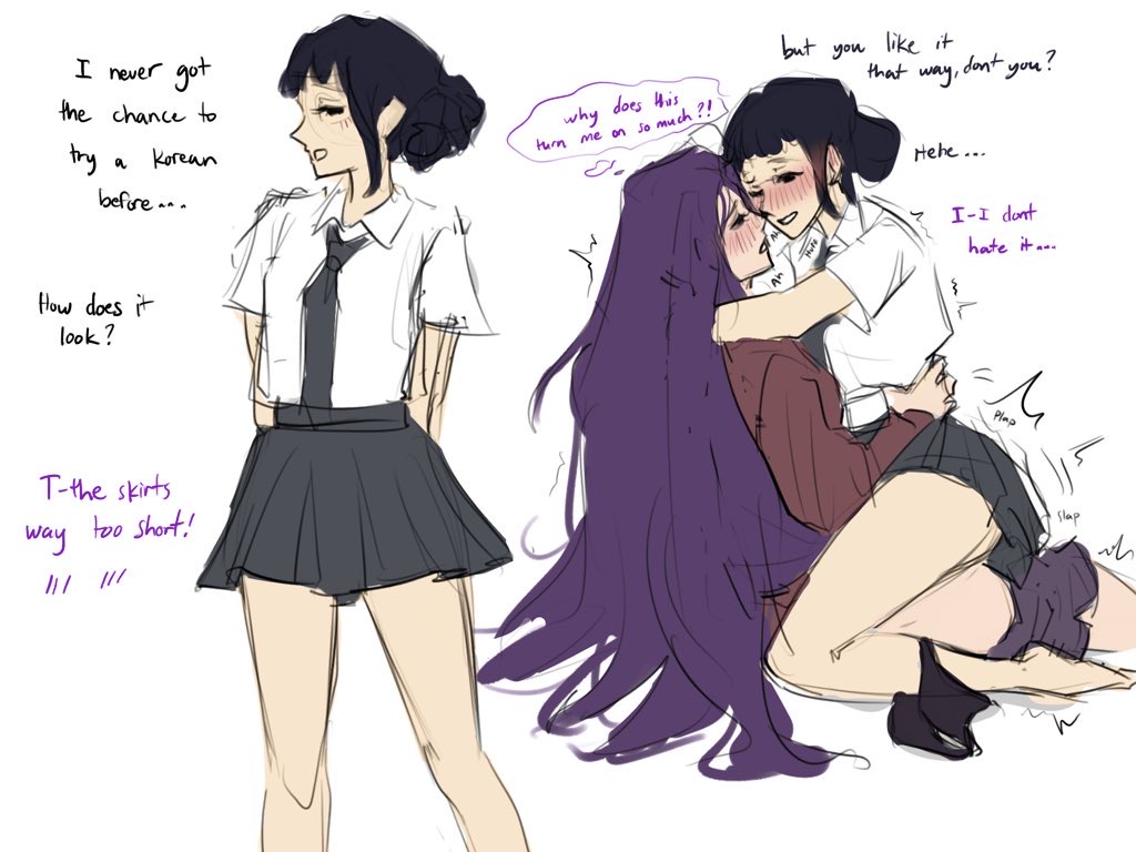 1futa, 1girls, 2girls, blushing, clothed sex, clothing, cowgirl position, female, futanari, highschool uniform, intersex, korean, kpop demon hunters, panties, panties around one leg, penis, riding cock, riding penis, rumi (kpop demon hunters), short skirt, sketch, skirt, text, uniform, uniform top, white background, zoey (kpop demon hunters)