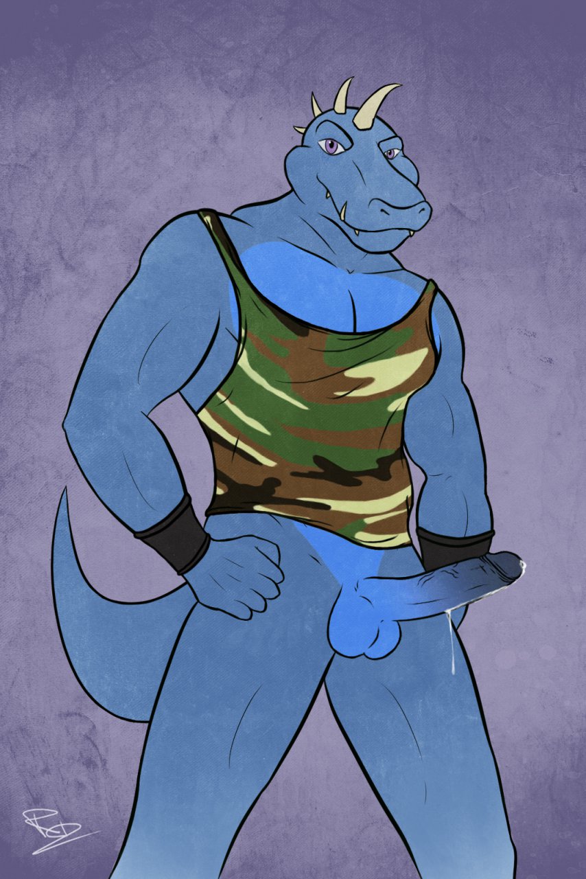 anthro balls biceps bottomless clothes color crocodile donkey_kong_(series) erection fangs kremling krusha looking_at_viewer male male_only muscles open_eyes penis plain_background pose precum purple_eyes raigo_dizzy reptile scalie shirt solo standing wristband