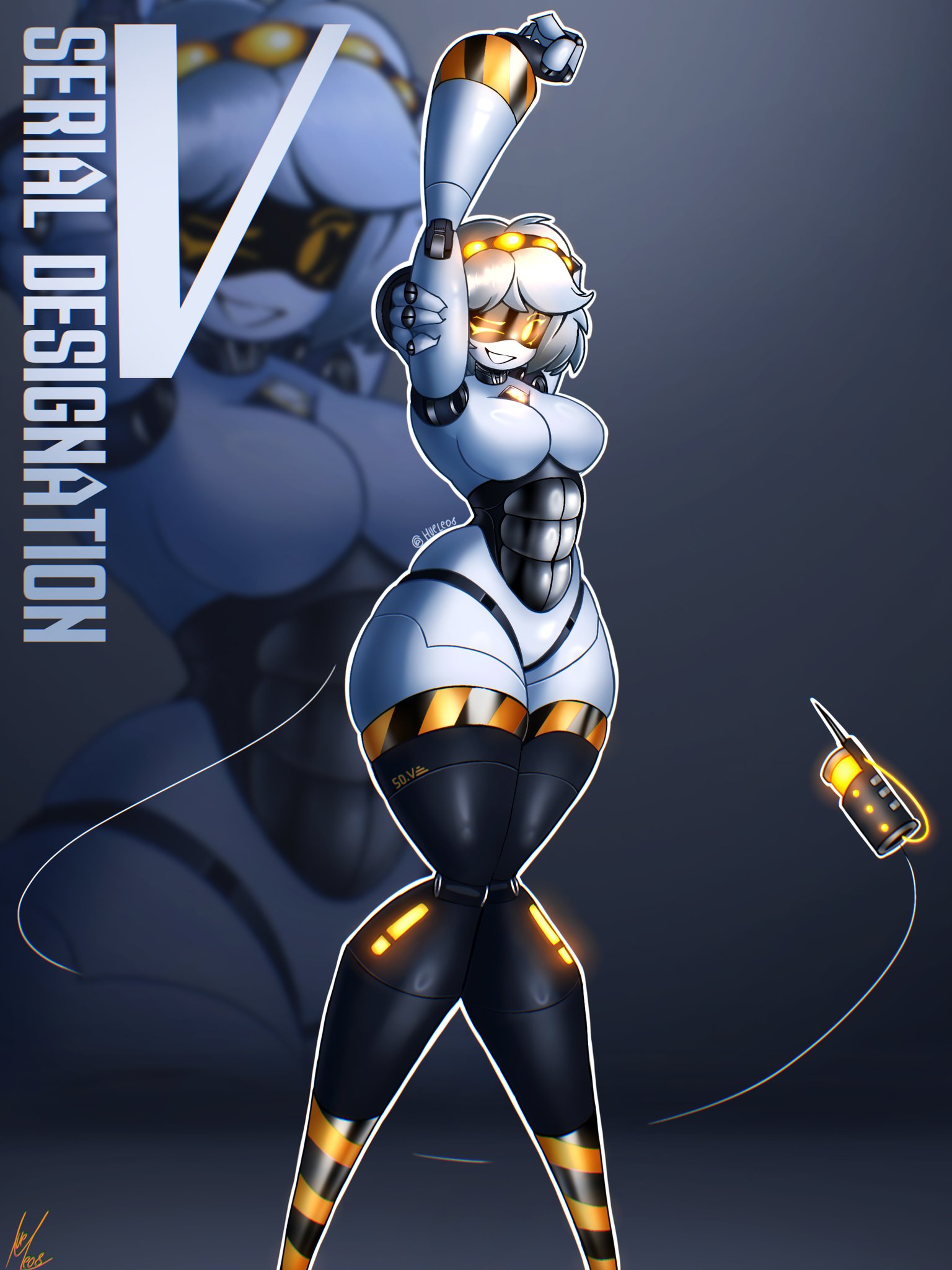 1girls, abs, ass, breasts, disassembly drone, female, female focus, female only, hazard stripes, hueleo8, medium ass, medium breastes, murder drones, muscular, muscular female, naked, posing, robot, robot girl, robot humanoid, solo, tagme, v (murder drones), yellow eyes
