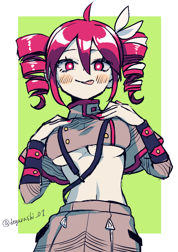 1girls, 2d, 2d (artwork), ahoge, artist name, belly, big breasts, blush, blush lines, breasts, clothed, clothed female, clothing, crop top, cropped jacket, degarashi 01, exposed belly, exposed breasts, exposed midriff, female, female only, fully clothed, hair ornament, hairbow, hands on own breasts, hands on own chest, huge breasts, kasane teto, kasane teto (sv), large breasts, looking at viewer, midriff, nail polish, navel, no bra, painted nails, petite, petite body, petite female, red eyes, red hair, red nails, simple background, skinny, skinny female, skirt, slim girl, slim waist, solo, solo female, synthesizer v, tongue, tongue out, twin drills, underboob, upper body, upper body focus, utau