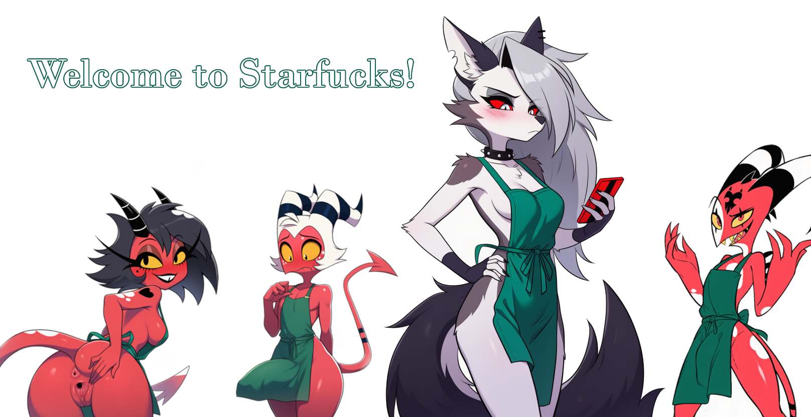 ai generated, apron, apron only, blitzo (helluva boss), bulge through clothing, confident, confident female, confident male, cookie-girl, demon tail, edited, errection, female, hellhound, helluva boss, horns, imp, looking at phone, looking at viewer, looking back, looking down, loona (helluva boss), male, millie (helluva boss), moxxie (helluva boss), multiple boys, multiple females, multiple girls, multiple males, presenting anus, presenting hindquarters, presenting pussy, pussy, red eyes, red skin, shy, shy expression, starbucks, starbucks barista, starbucks uniform, take your pick, wolf ears, wolf tail, yellow eyes