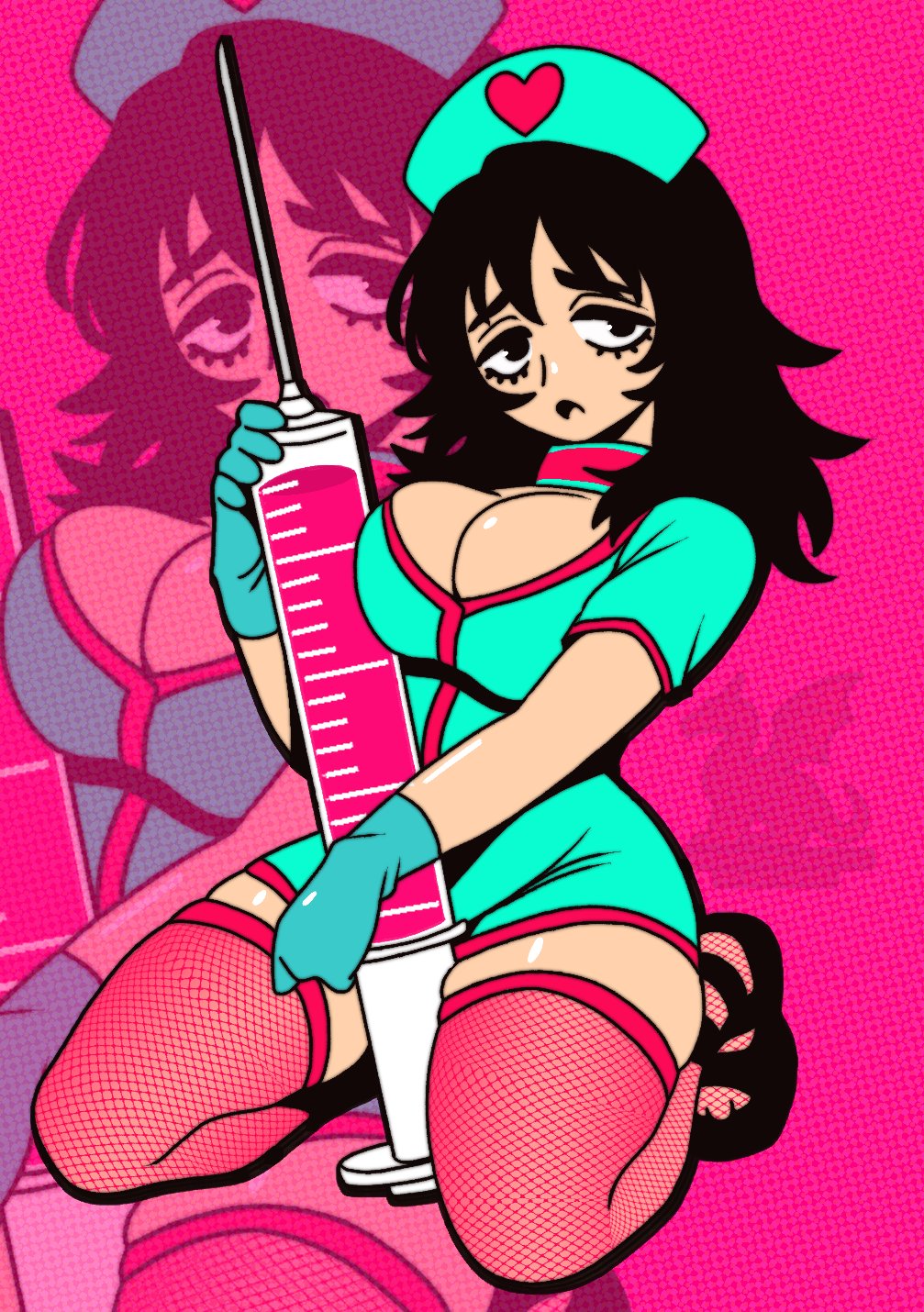 anya (mouthwashing), big breasts, black eyes, black hair, breasts, cleavage, cleavage cutout, crouching, female, female only, fishnet thighhighs, fishnets, gloves, kneeling, long hair, looking at viewer, mouthwashing, nurse, nurse cap, nurse uniform, pink background, solo, syringe, thick thighs, thighhighs, uniform, verdantwyrm