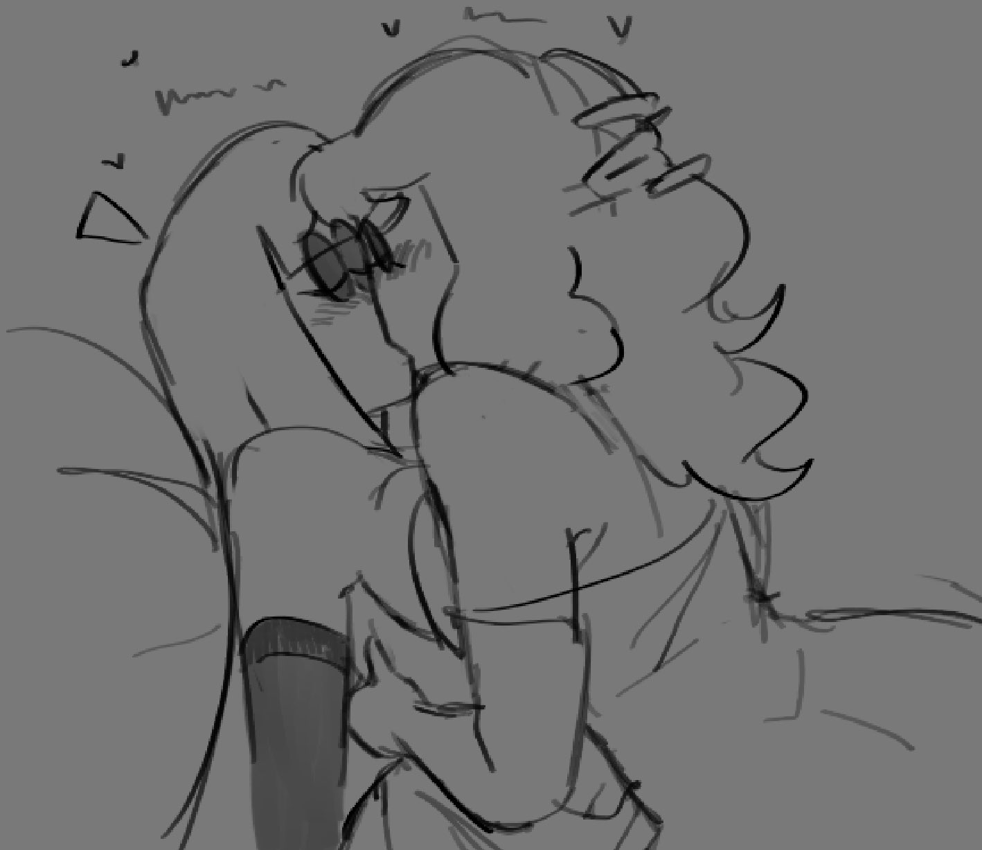 2girls, ass, averrbaverr, boobs pressed, breasts, carmen (spooky month), closed eyes, clothes, female, girls kissing, hand on head, hearts around head, lesbian kiss, lila (spooky month), sketch, spooky month, thick ass, yuri