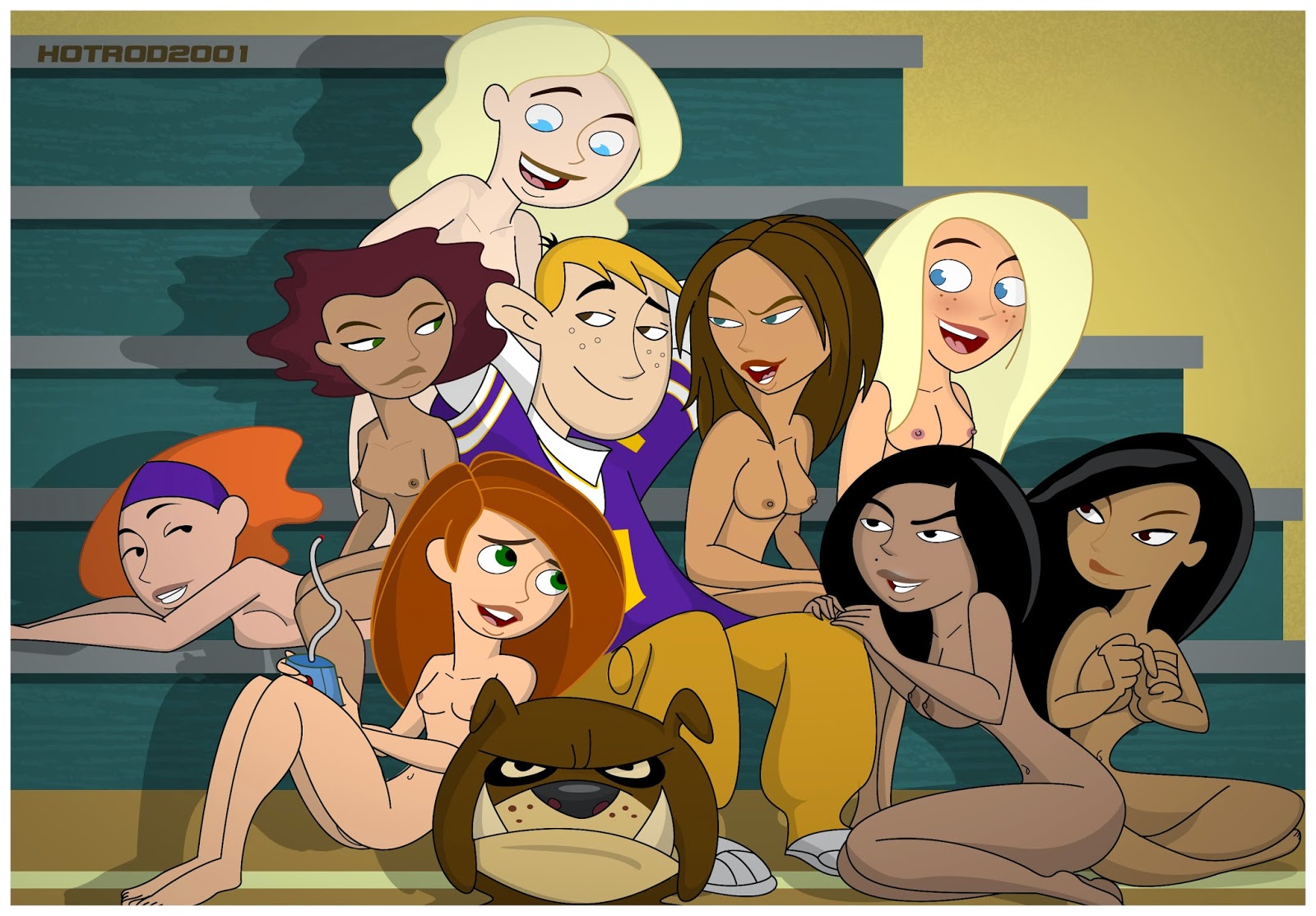 1boy, 2d, 8girls, areolae, barefoot, big breasts, black hair, blonde hair, bonnie rockwaller, breasts, brown hair, brown skin, brown skinned female, busty, cheerleader, clothed male nude female, crystal (kim possible), disney, disney channel, female, harem, hope (kim possible), hotrod2001, hourglass figure, jessica (kim possible), kim possible, kimberly ann possible, light skin, light-skinned female, light-skinned male, liz (kim possible), long hair, male, marcella (kim possible), medium breasts, navel, nipples, nude, nude female, nude female clothed male, nudity, perky breasts, purple hair, red hair, ron stoppable, short hair, small breasts, tagme, tan, tan skin, tan-skinned female, tara (kim possible), tara king, wide hips