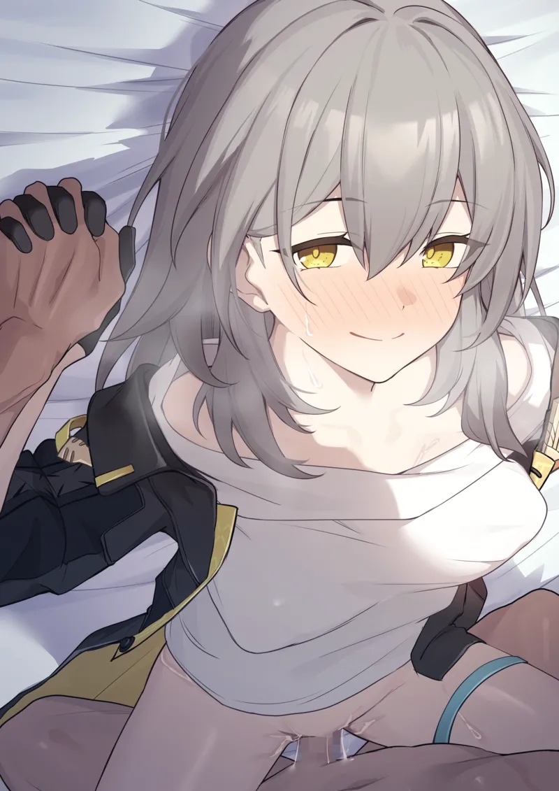 1boy, 1boy1girl, 1girls, artist request, bed, blush, breasts, clothed female nude male, female, female focus, grey hair, hand holding, holding hands, honkai: star rail, interlocked fingers, jacket, looking at viewer, male, medium breasts, medium hair, missionary position, on bed, pussy, red faced, sex, smile, stelle (honkai: star rail), straight, sweat, thigh strap, vaginal penetration, yellow eyes, you