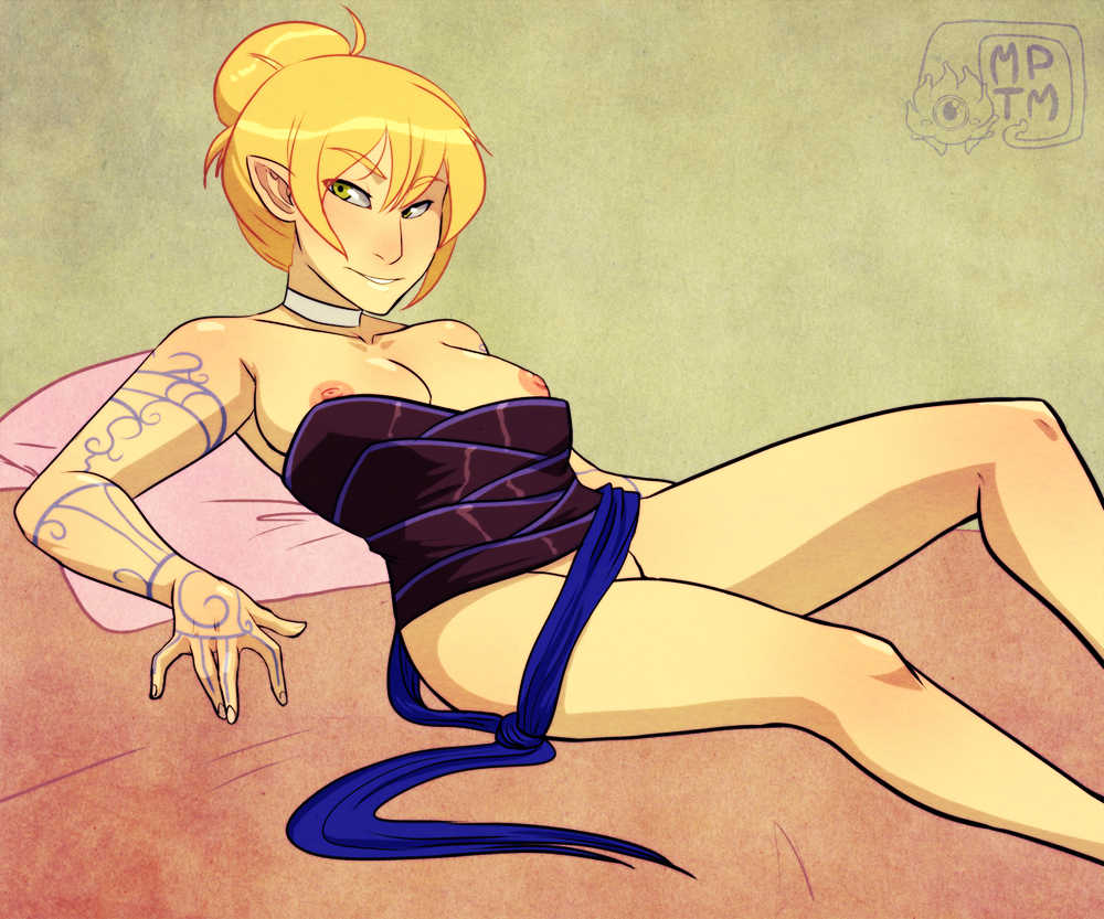 1girls, 2d, athenril, boobs, bottomless, breasts, breasts out, breasts out of clothes, breasts outside, dragon age, dragon age 2, elf, elf ears, elf female, elf girl, female, female focus, female only, my pet tentacle monster, no panties, partially clothed, solo, solo female, tattoo, tits, uncensored