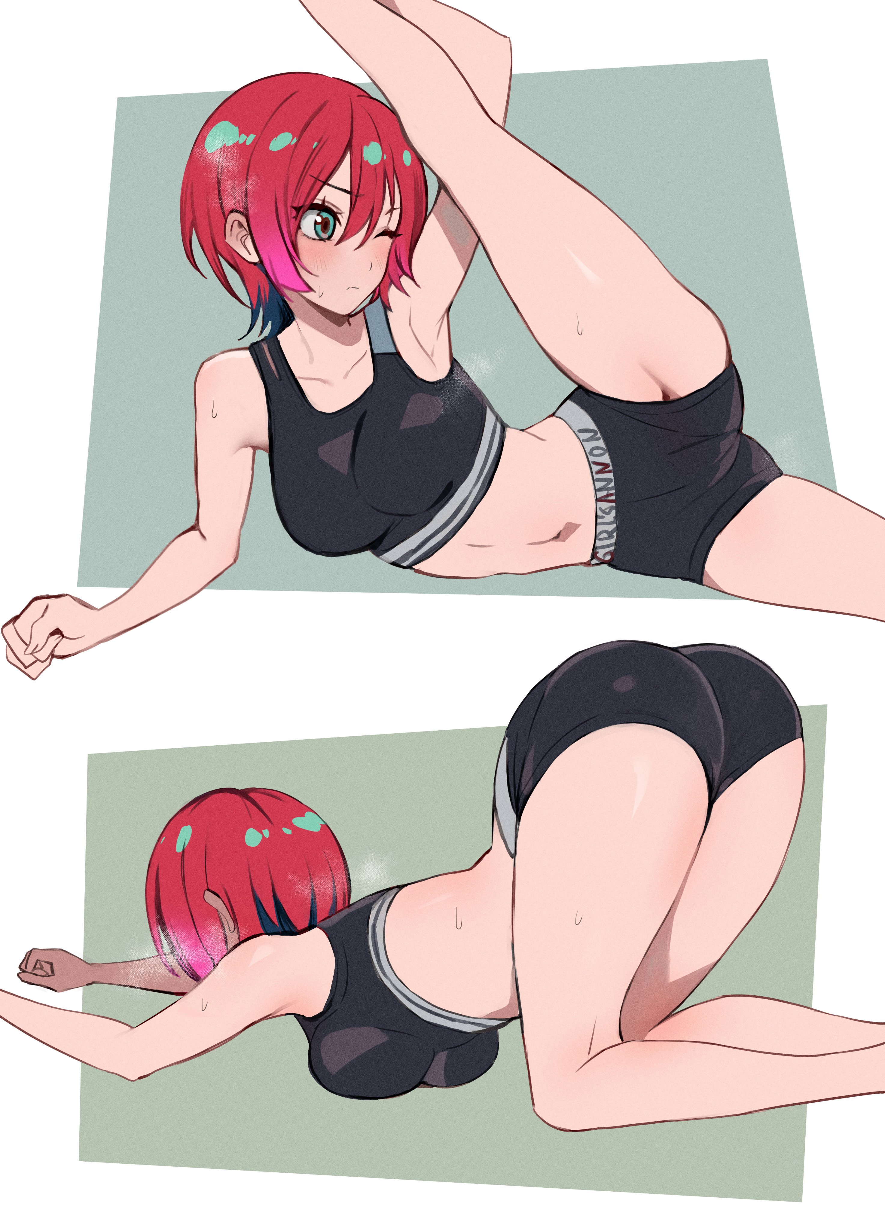 amate yuzuriha, bending over, bent over, bra, breasts, feet, female, gundam, gundam gquuuuuux, knees, legs, short hair, shorts, sports bra, sportswear, stretch, stretching, tagme, tagme (artist), thick thighs, thighs, yoga