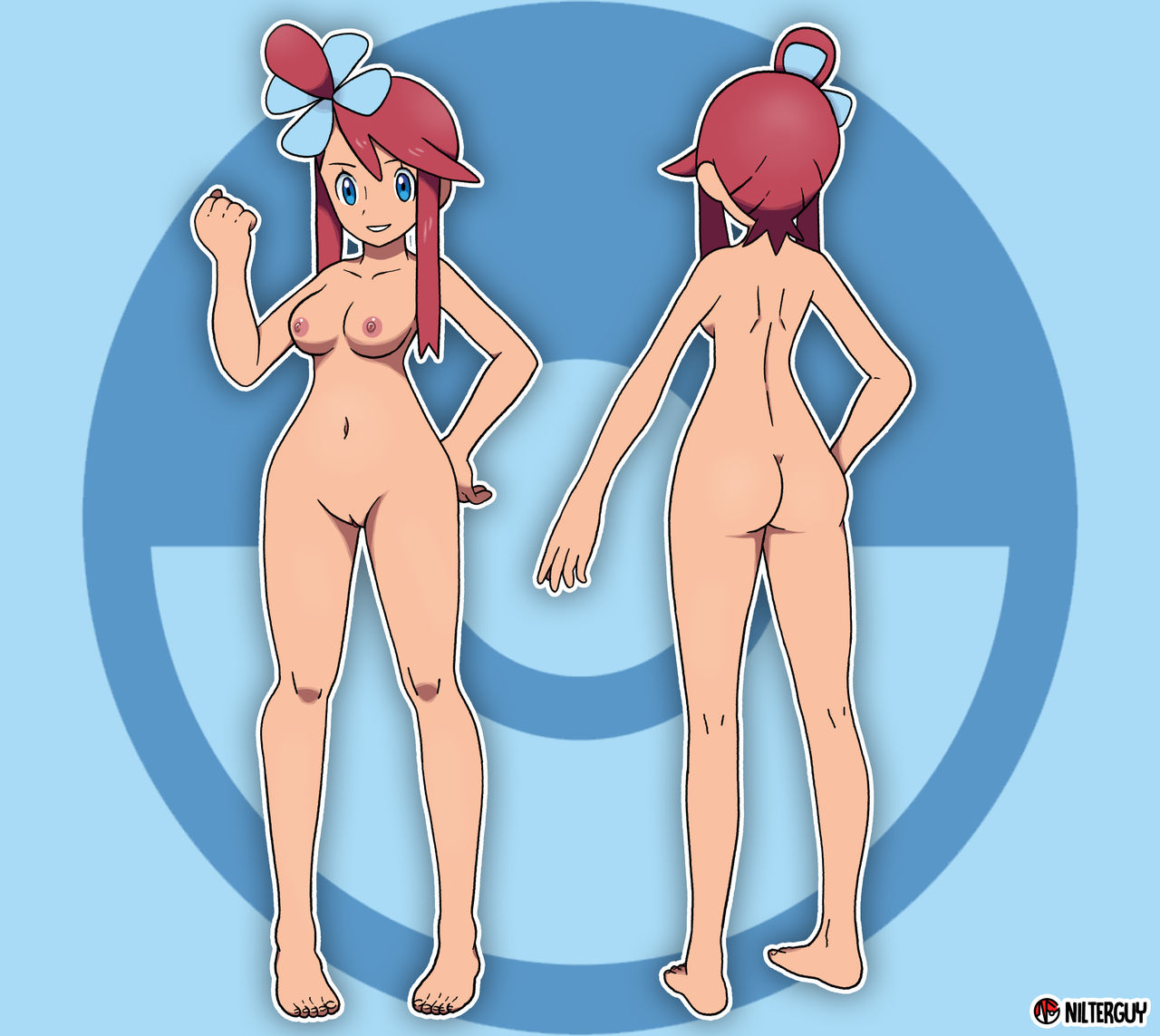 1girls, accurate art style, areolae, artist signature, ass, back view, barefoot, blue eyes, breasts, casual, feet, female, female only, front view, full body, human, multiple views, navel, nipples, nonsexual, nonsexual nudity, nude, nude filter, nudefilterguy, official artwork edit, pale skin, pokemon, pokemon bw, pussy, red hair, shaved pussy, simple background, skyla (pokemon), smile, solo, solo female