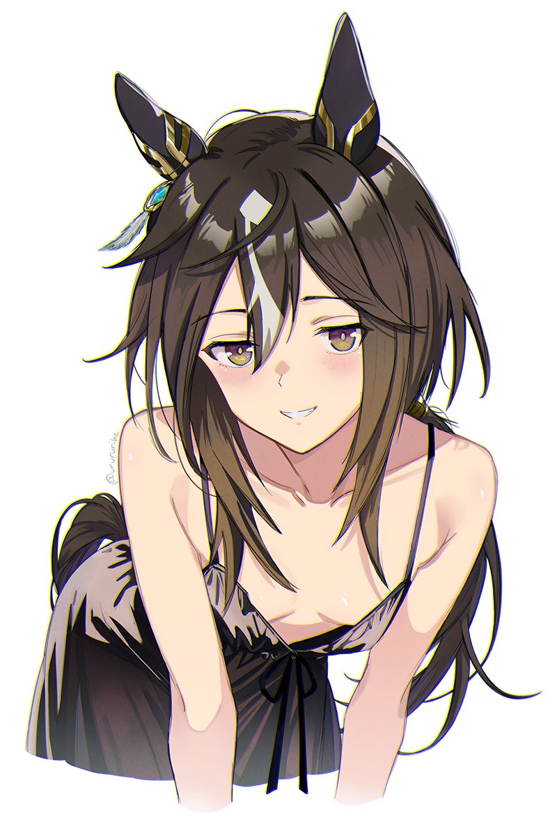1girl, androgynous, androgynous female, bent over, black hair, blush, dark hair, dress, female, female only, flat chest, gradient hair, hair ornament, horse ears, horse girl, horse tail, kemono, leaning forward, long hair, looking at viewer, no bra, ponytail, skinny, smile, solo, solo female, stay gold (umamusume), tomboy, umamusume, umamusume pretty derby, urururike, yellow eyes