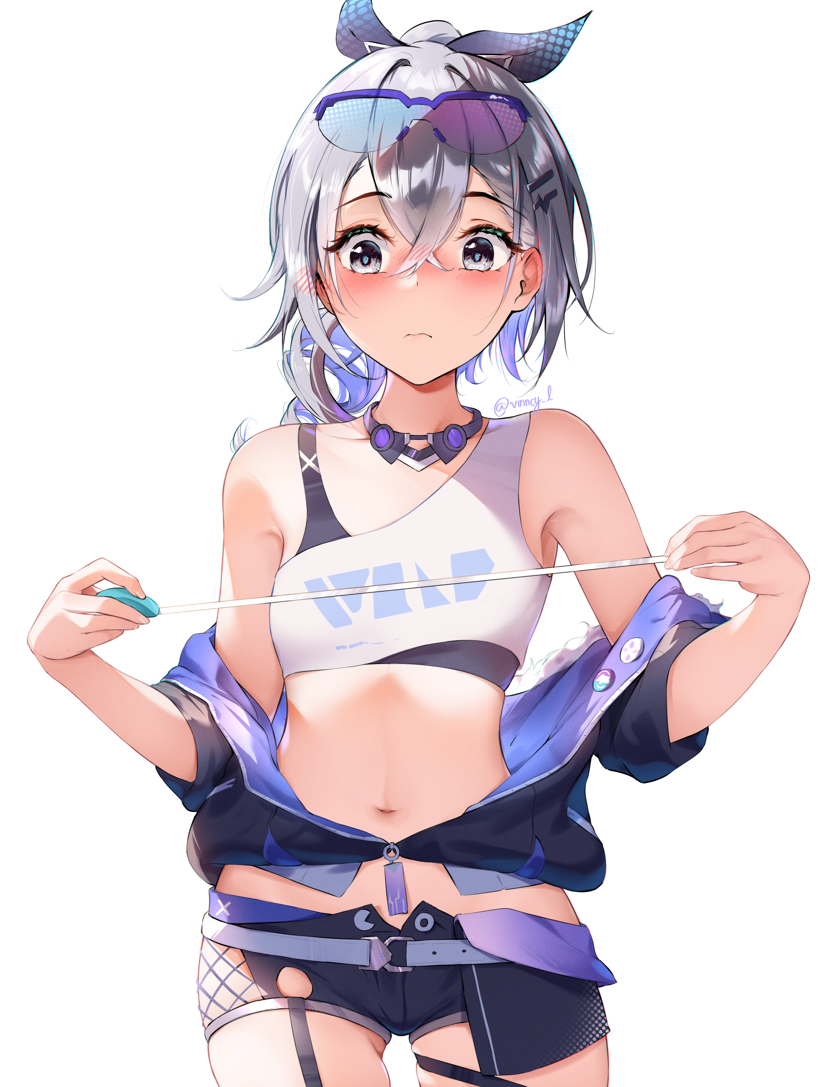 1girls, blush, breasts, embarrassed, female, female focus, female only, frown, fully clothed, honkai: star rail, measuring, nude version available, silver wolf (honkai: star rail), small breasts, vincent leo