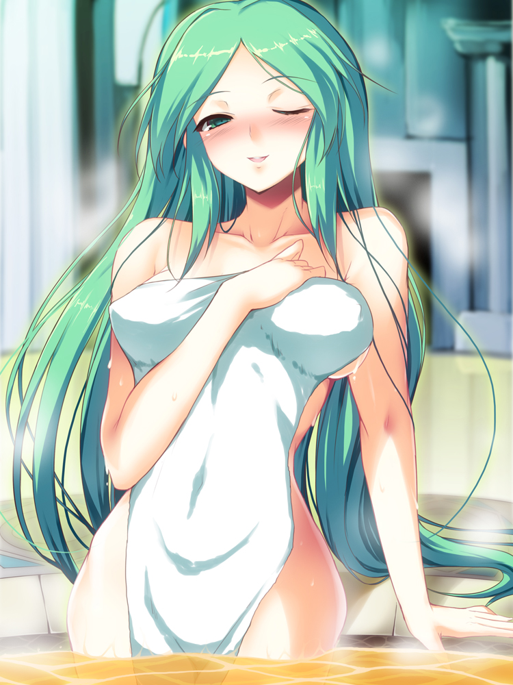 curvy, female, green eyes, green hair, kid icarus, long hair, one eye closed, palutena, tagme, towel, water