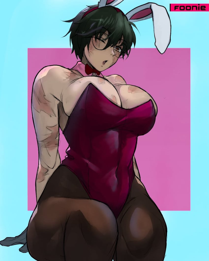 1girls, alt text, animal ears, breasts, bunny ears, bunny girl, bunnysuit, burn scar, chillkk, female, glasses, green hair, green-haired female, highres, jujutsu kaisen, large breasts, leotard, multiple scars, muscular, muscular female, one eye closed, pantyhose, playboy bunny, scar, scar on arm, scar on face, scars all over, zenin maki