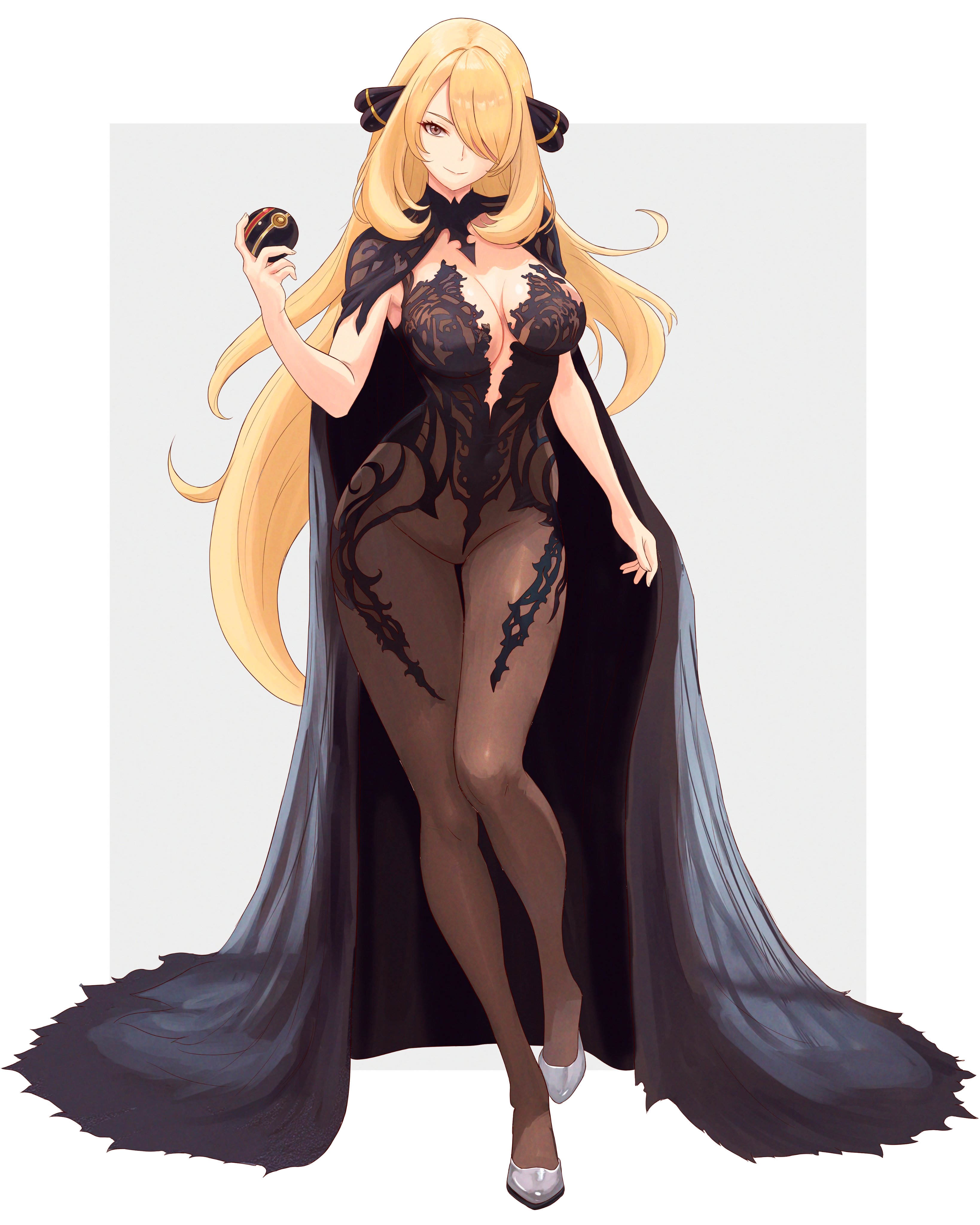 1girls, 2026, 2d, 2d (artwork), black dress, blonde hair, bodystocking, cleavage, cynthia (pokemon), dress, female, female only, hair ornaments, hair over one eye, holding object, human, human only, long hair, looking at viewer, luxury ball, pokeball, pokemon, questionable, solo, solo female, standing, truejekart, white border
