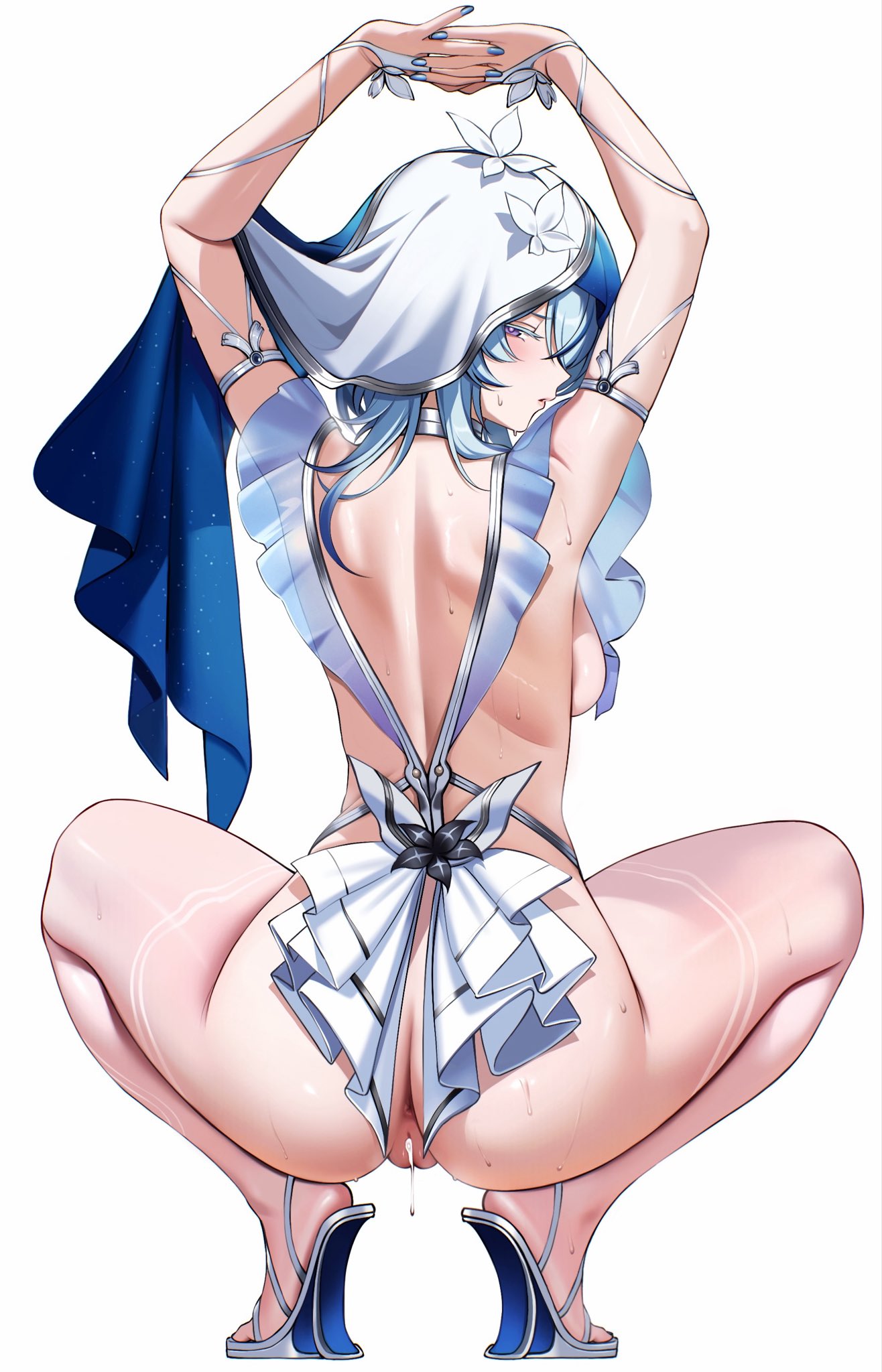anus, armlet, arms up, ass, ateoyh, back, blue bottom heels, blue hair, blue nails, blue veil, breasts, cleft of venus, closed mouth, commentary, female, fingernails, from behind, full body, heel-less heels, highres, jewelry, long hair, looking at viewer, looking back, median furrow, medium breasts, nail polish, no panties, profile, purple eyes, pussy, pussy juice, revealing clothes, shorekeeper (wuthering waves), shoulder blades, sideways glance, simple background, solo, squatting, sweat, the shorekeeper (wuthering waves), thighs, two-tone veil, veil, white background, white veil, wuthering waves