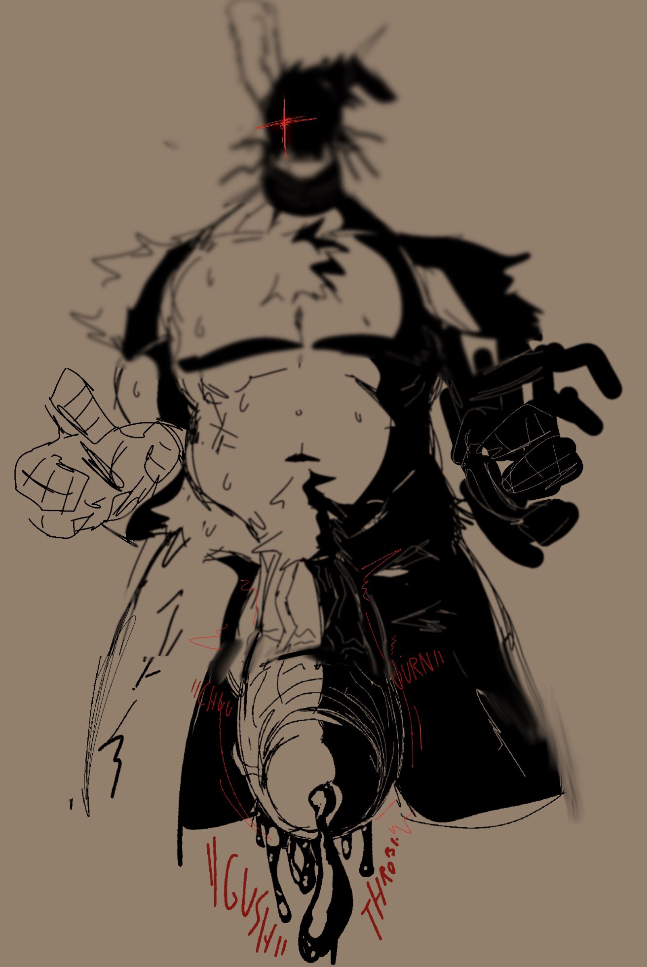 1 arm, 1 eye, 1boy, 2025, animatronic, anthro, blur, bodily fluids, body hair, bottomwear, bow tie, cock pointing towards viewer, digital drawing (artwork), digital media (artwork), dripping, dripping precum, faceless male, featureless chest, five nights at freddy's, five nights at freddy's 2, fur, hair, hand reaching, hands out, huge cock, katztonight, looking at viewer, machine, male, mammal, missing arm, musclegut, muscular, muscular anthro, muscular male, no face, one ear up, pecs, penis, precum, rabbit, red eyes, red text, robot, scottgames, sharp teeth, slightly chubby, smile, solo, solo male, sweat, sweatdrop, sweating, teeth, thick thighs, topless, uncensored, uncropped, white eyes, withered bonnie