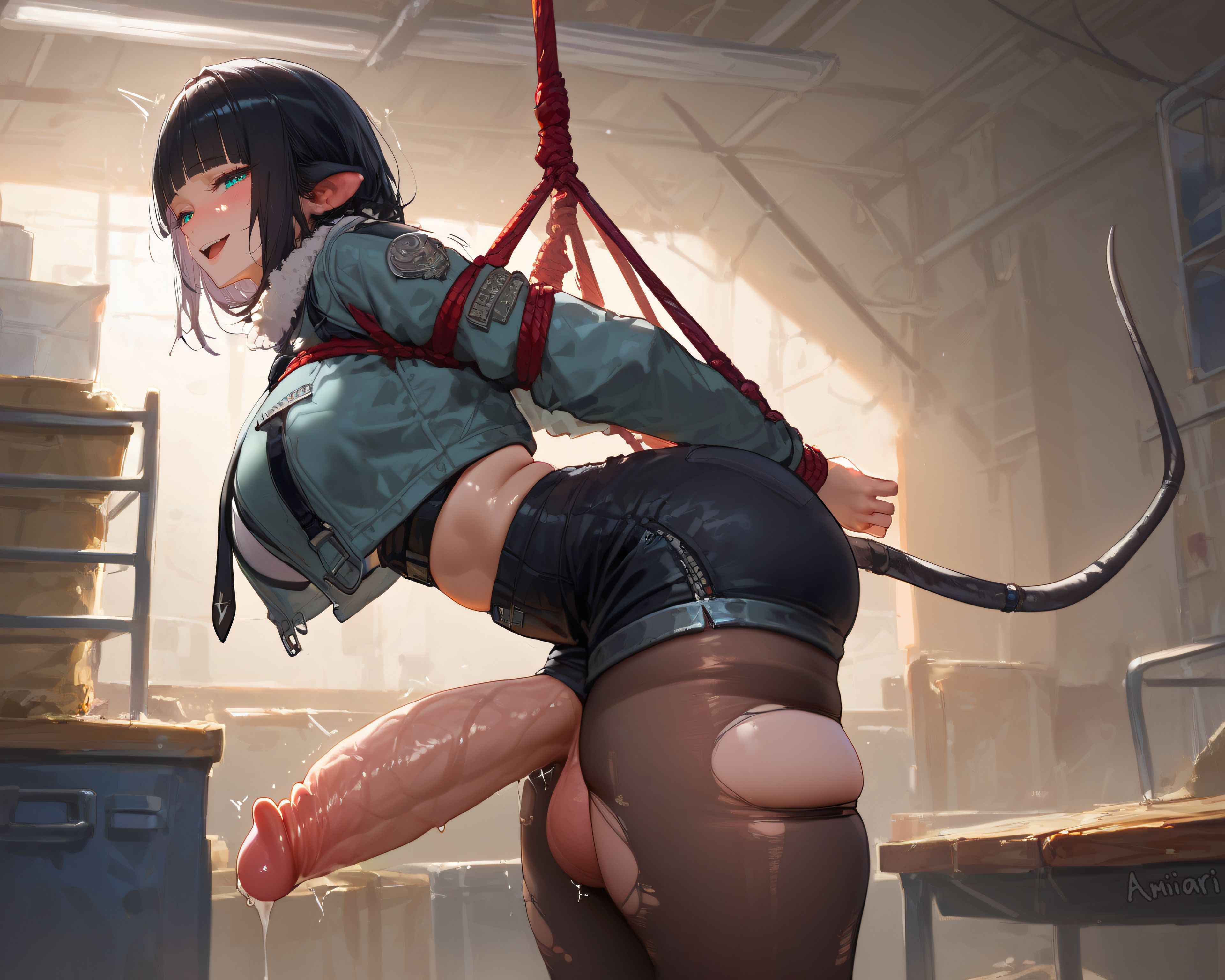 1futa, abs, absurd res, ai generated, amiiari, ass bigger than head, big breasts, big penis, bondage, boobytrapped, bound, bound arms, bound hands, bound wrists, breasts, cropped jacket, detailed, dickgirl, dripping, embarrassed, erection, female, futanari, highres, huge breasts, intersex, jane doe (zenless zone zero), large penis, long penis, massive penis, necktie, penis, penis through leghole, penis to the knees, precum, precum drip, precum string, rat ears, rat girl, rat tail, ripped pantyhose, seductive, short hair, shorts, skindentation, thick thighs, trapped, voluptuous, wide hips, zenless zone zero