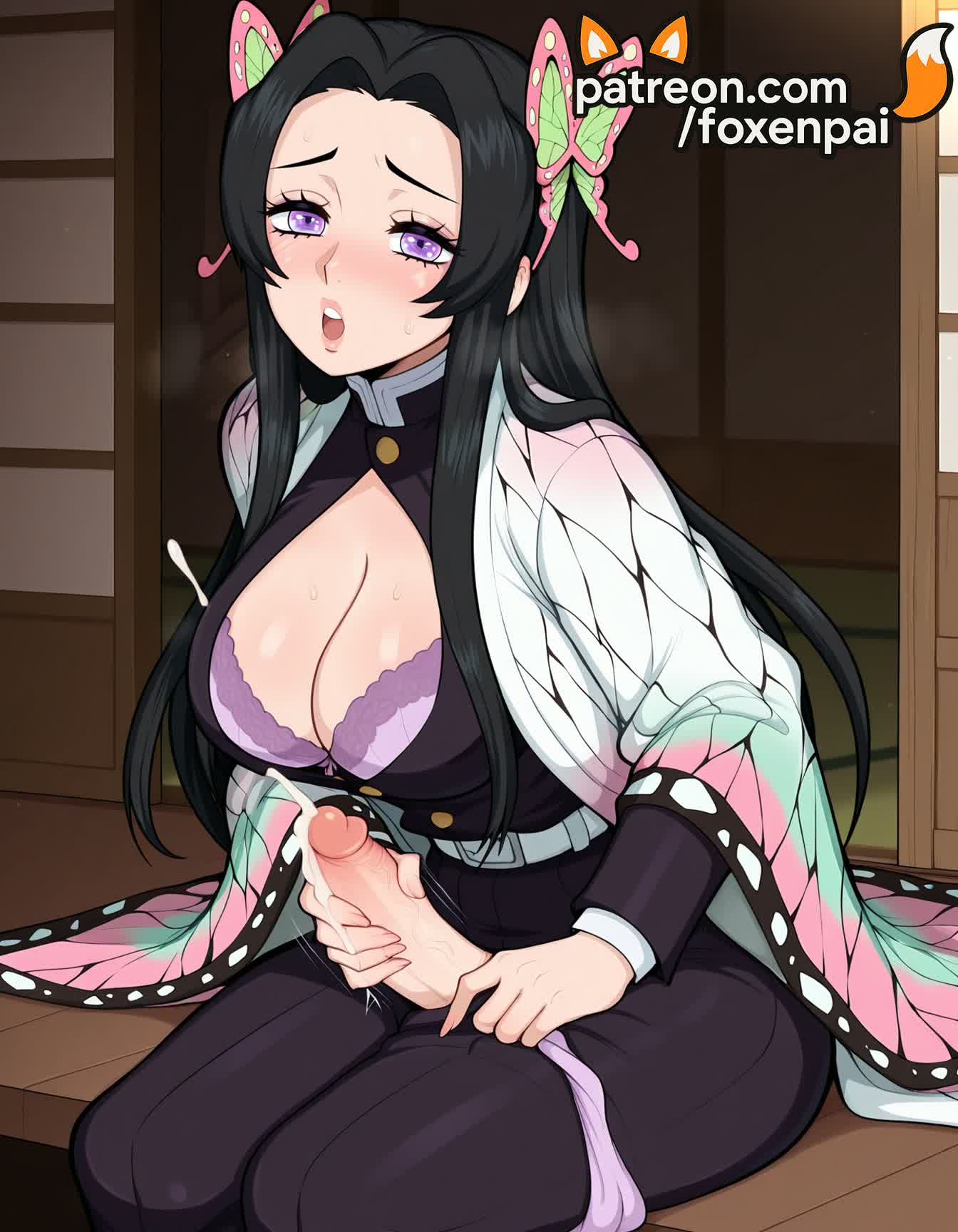 1futa, 2025, afterimage, ai generated, artist name, black hair, bra, breasts, bug, bust, butterfly, butterfly hair ornament, chest, cleavage, cock, demon slayer, dick, erection, forehead, foxenpai, futanari, hair ornament, haori, hi res, high quality, high resolution, highres, intersex, japanese clothes, kimetsu no yaiba, kimono, kochou kanae, long hair, long sleeves, open mouth, patreon, patreon username, penis, purple eyes, solo, stable diffusion, sweat, underwear, uniform, watermark, wide sleeves, wooden floor