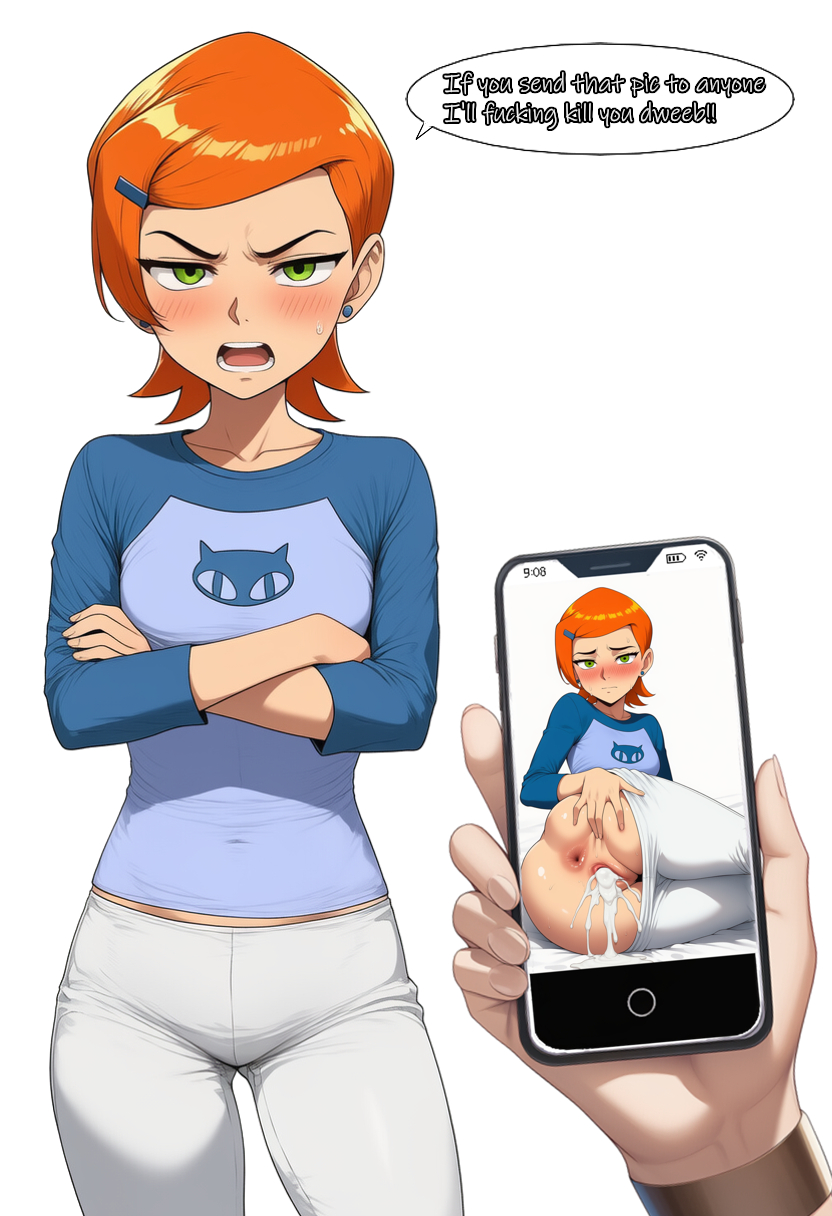 ai generated, ben 10, blush, cookie-girl, crossed arms, cum in pussy, cum inside, edited, female, green eyes, gwen tennyson, irritated, looking at viewer, looking back, orange hair, phone, phone screen, picture, presenting anus, presenting hindquarters, presenting pussy, pussy, spread ass, text