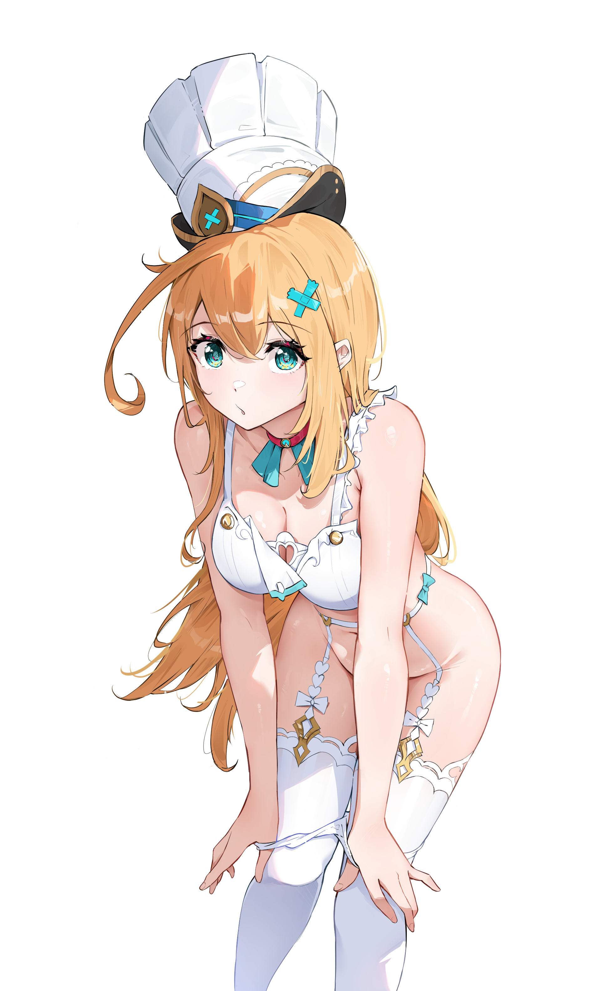1girls, blonde hair, escoffier (genshin impact), female, female focus, female only, genshin impact, green eyes, hat, leaning, leaning forward, light skin, long hair, panties, pulling panties, undressing, vincent leo, yellow hair
