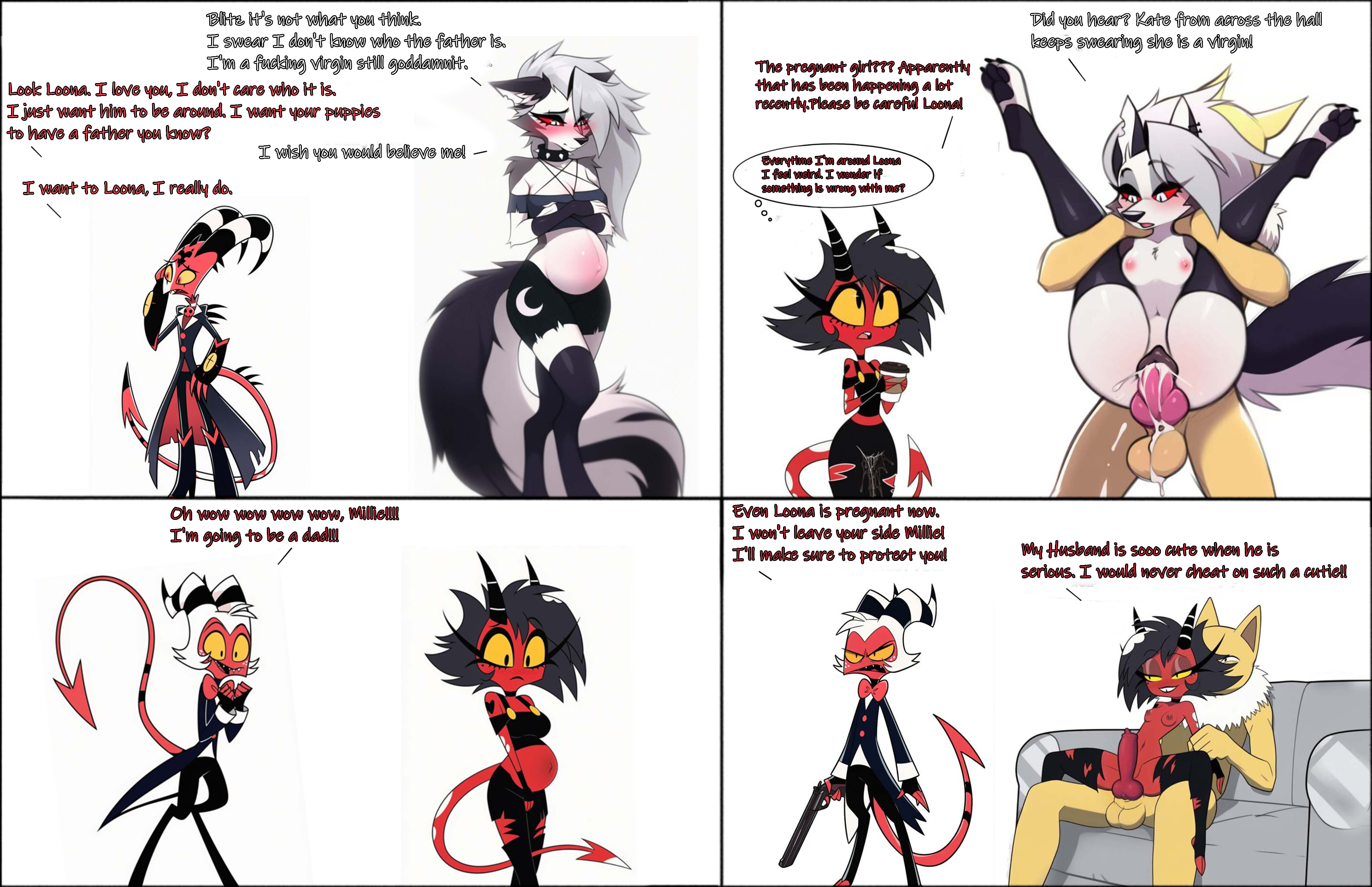ai generated, black hair, blitzo (helluva boss), blush, cheating, cheating wife, comic, concerned expression, concerned look, cookie-girl, crossover, cuckold, cum in pussy, cum inside, demon tail, discussion, edited, excessive pussy juice, excited expression, excited male, female, fucked from behind, full comic, full nelson, grey fur, gun, happy, hellhound, helluva boss, horns, hypno, hypnosis, imp, impregnated, impregnation, in love, loona (helluva boss), male, millie (helluva boss), mind control, moxxie (helluva boss), nintendo, pokemon, pokemon (species), pregnant, pussy, red eyes, red skin, sad expression, serious look, size difference, text, unaware, unaware hypnosis, unaware sex, white fur, white hair, yellow eyes, yellow fur