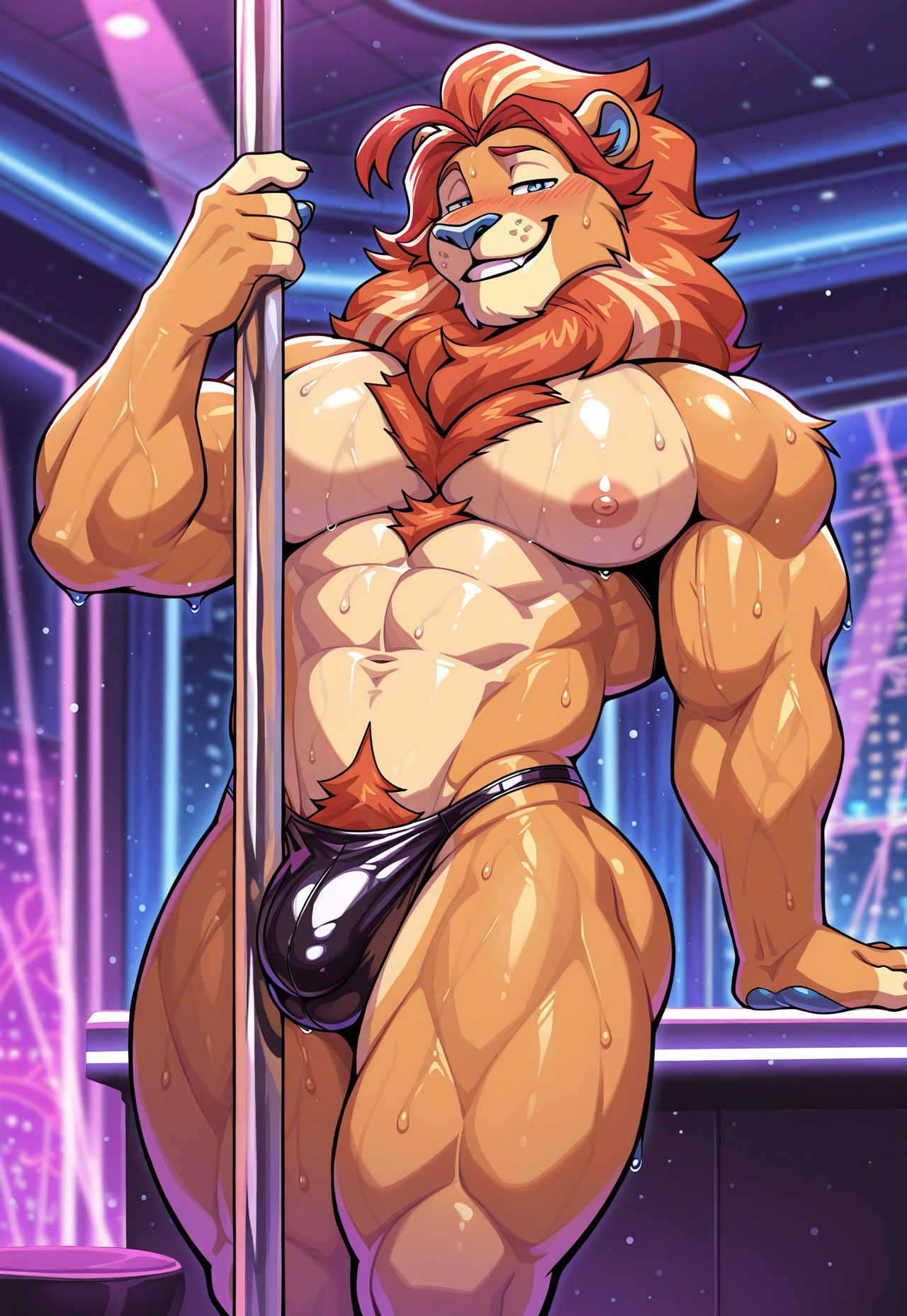 ai generated, bara, big pecs, bulge, furry, indigo park, lion, lloyd (indigo park), male, muscular, pole, pole dancing, strip club, thong, yaoi
