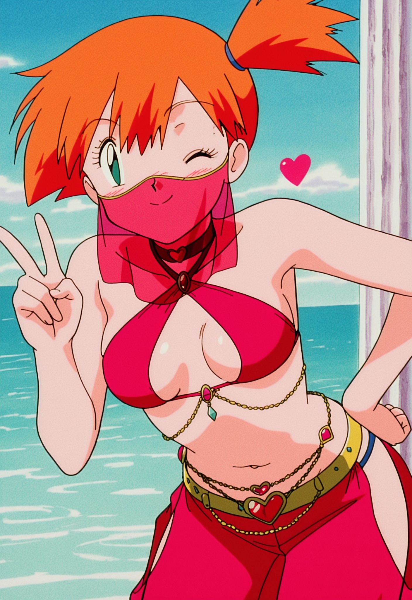 1girls, accurate art style, ai generated, airetromonger, female, female focus, female only, harem outfit, kasumi (pokemon), misty (pokemon), nintendo, orange hair, peace sign, pokemon, pokemon (anime), retro artstyle, solo, veil, wink, winking at viewer