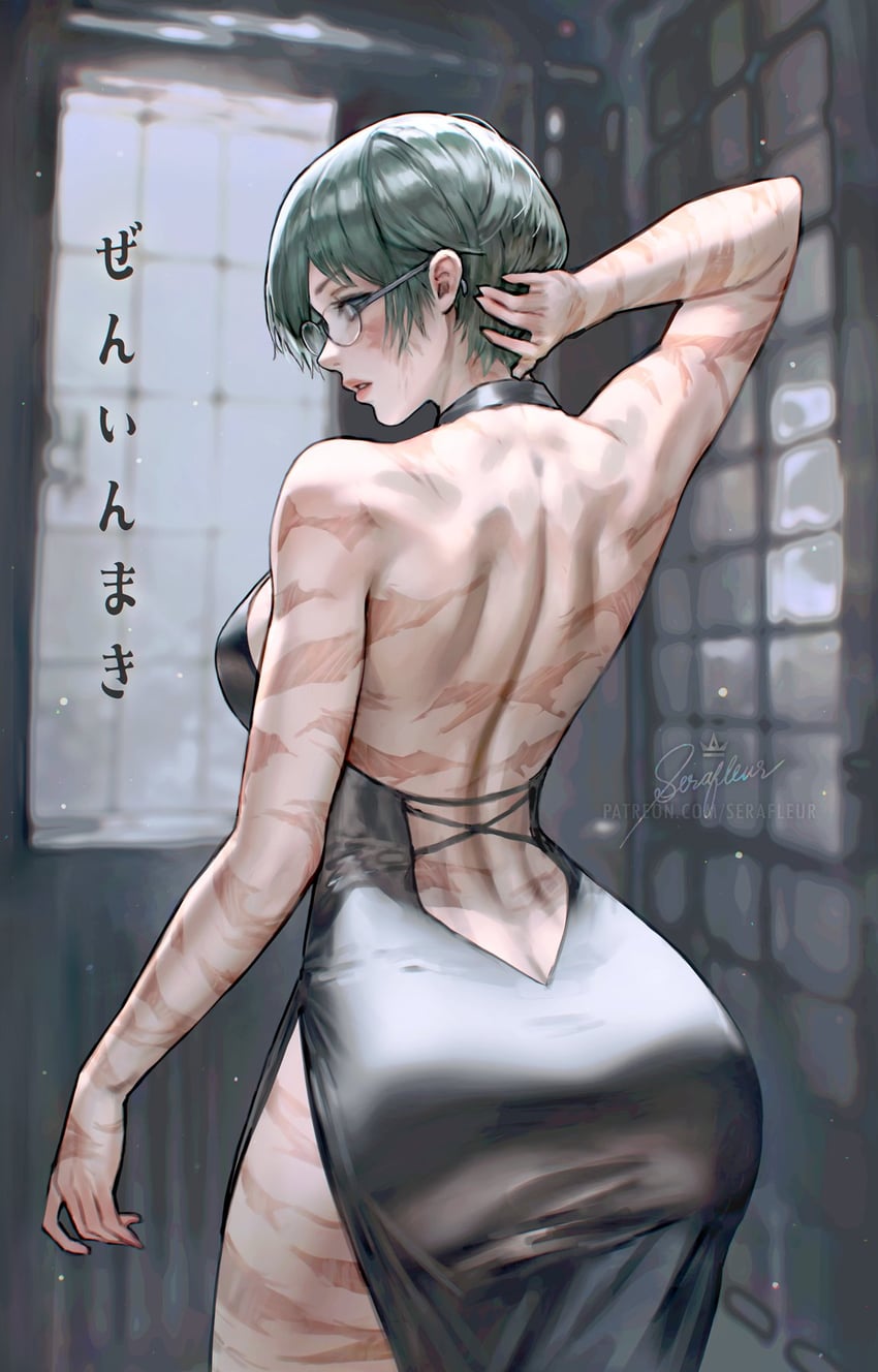 1girls, ass, back, backless outfit, big ass, burn scar, dress, female, glasses, green hair, green-haired female, highres, jujutsu kaisen, looking at viewer, muscular, muscular female, scar, scar on arm, scar on back, serafleur, short hair, solo, zenin maki