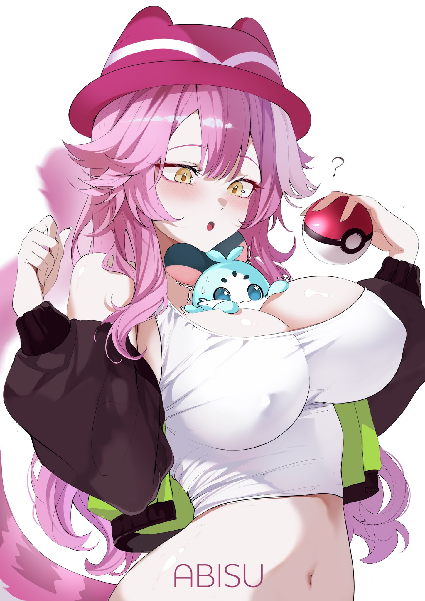 ?, 1girls, animal ears, artist name, bare shoulders, between breasts, black jacket, blush, breasts, chattino (raora panthera), commentary, cosplay, covered erect nipples, english commentary, eyeshadow, fan mascot (vtuber), female, fromabisu, game freak, green jacket, harmony (pokemon) (cosplay), hat, highres, holding, holding poke ball, hololive, hololive english, hololive english -justice-, jacket, large breasts, long hair, makeup, midriff, multicolored hair, multicolored jacket, navel, nintendo, open clothes, open jacket, open mouth, panther ears, panther girl, panther tail, pink eyeshadow, pink hair, pink hat, pink tail, poke ball, poke ball (basic), pokemon, pokemon legends: z-a, raora panthera, seika (pokemon) (cosplay), shirt, simple background, stomach, streaked hair, tail, teeth, two-tone hair, two-tone jacket, upper teeth only, virtual youtuber, white background, white shirt, yellow eyes
