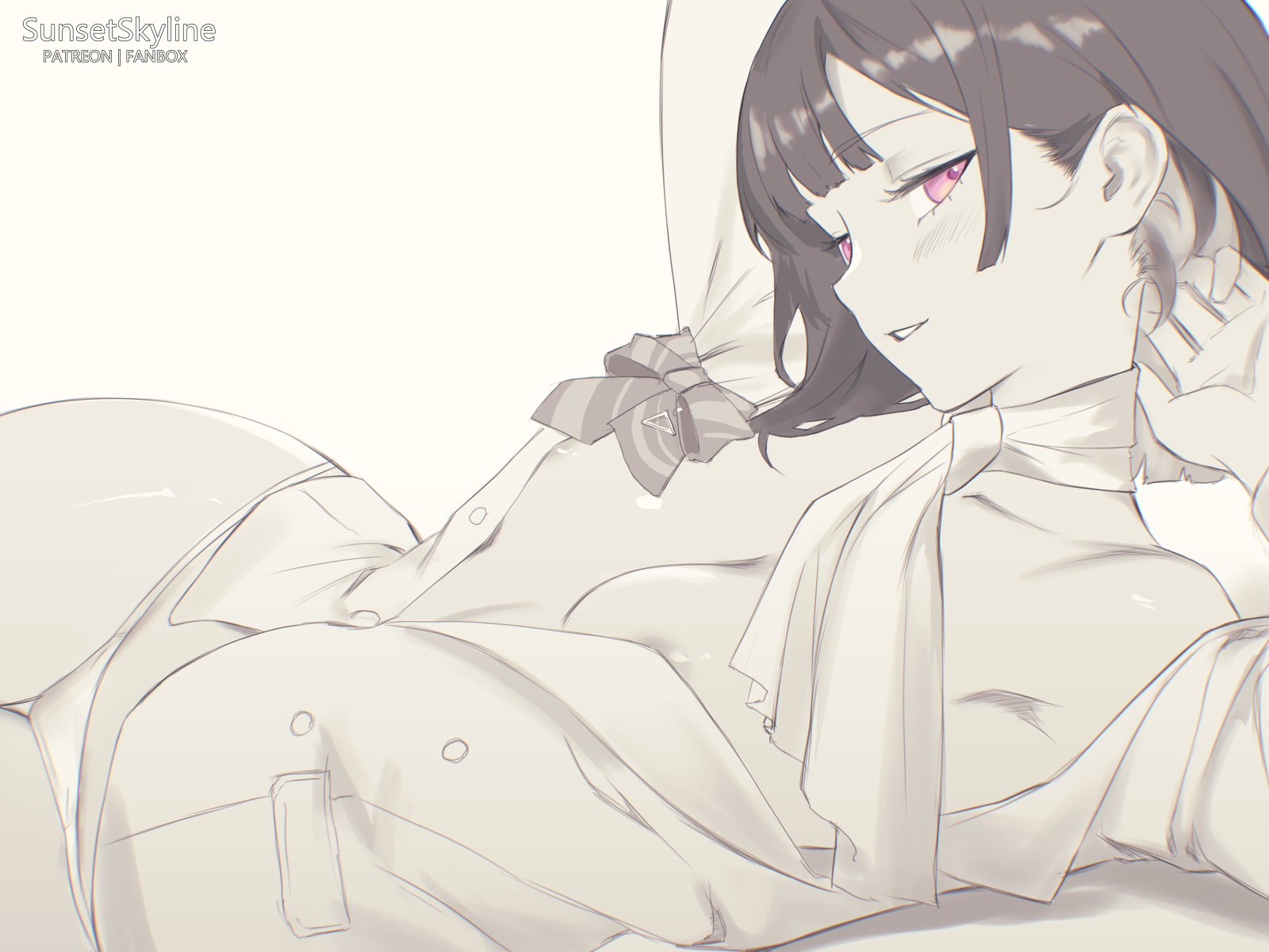 areolae, artist name, bed, holoan, hololive, izuki michiru, laying down, laying on side, medium breasts, monochrome, no bra, open shirt, panties, patreon username, pink eyes, smiling, spot color, sultry eyes, sunsetskyline, virtual youtuber, watermark