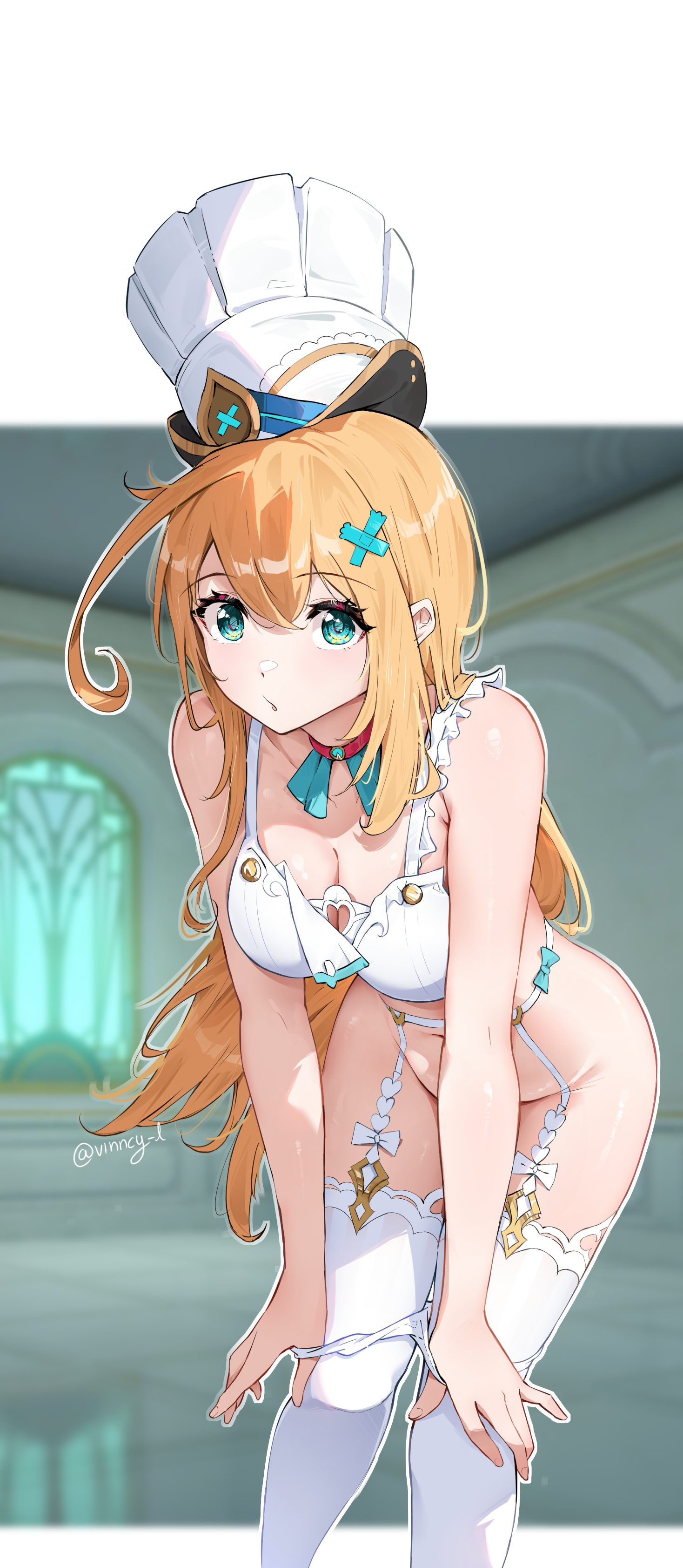 1girls, blonde hair, escoffier (genshin impact), female, female focus, female only, genshin impact, green eyes, hat, leaning, leaning forward, light skin, long hair, panties, pulling panties, undressing, vincent leo, yellow hair